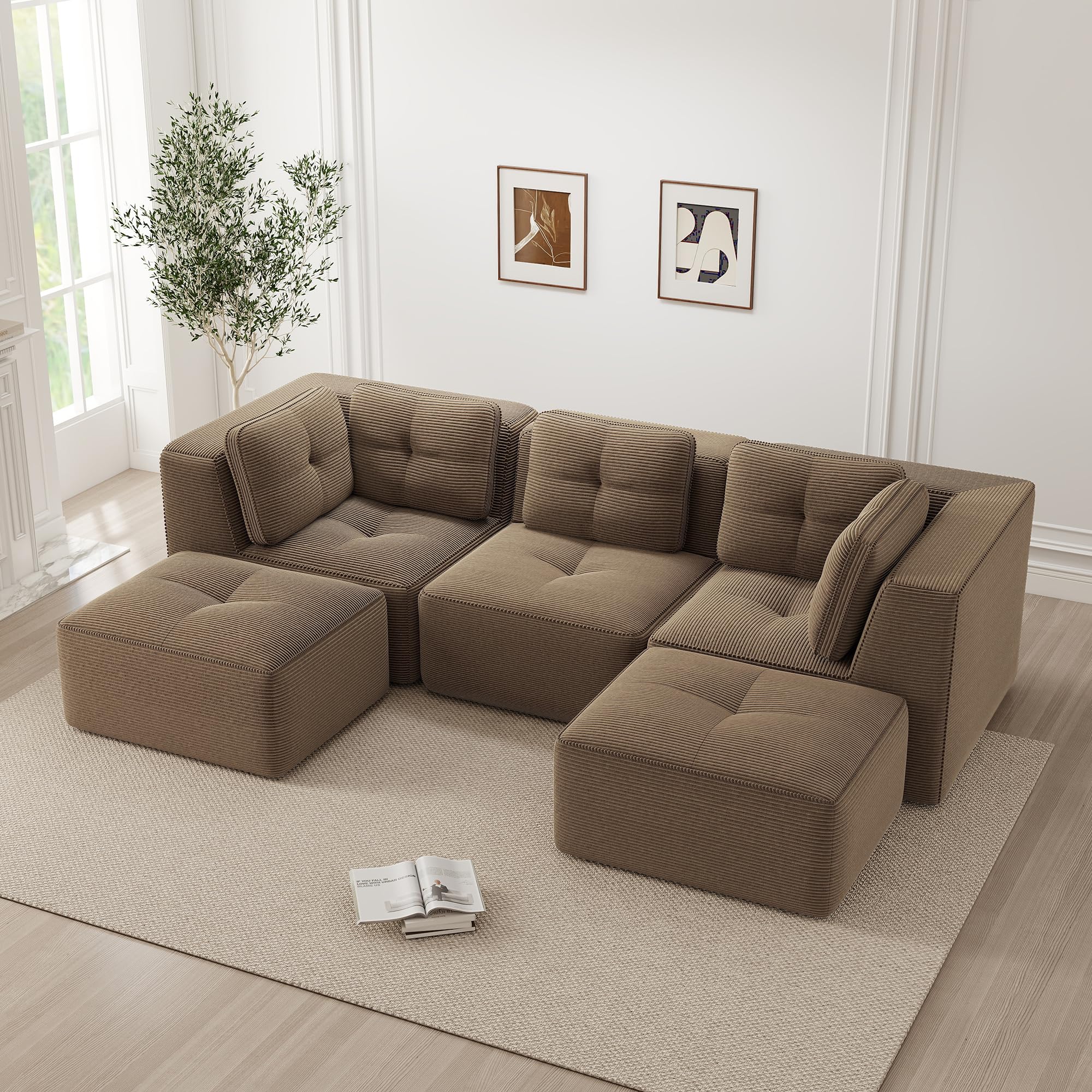 Modułowa sofa narożna w kształcie litery U, 3-osobowa, bez ramy, sofa z 2 otomanami, wykonana z wygodnego materiału sztruksowego, tapicerowana sofa do salonu i sypialni, brązowa