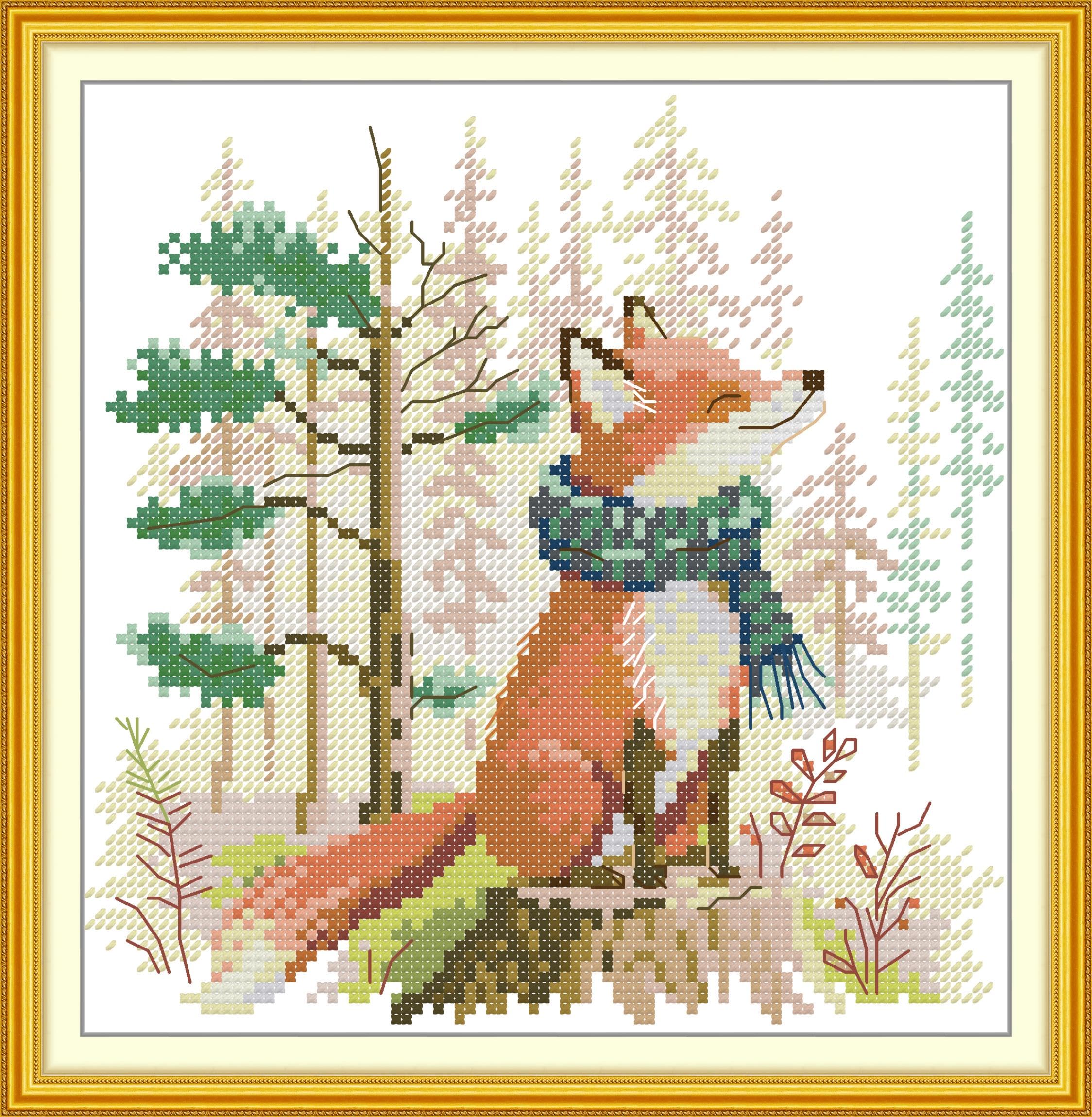 artcici Pre-Printed Cute Pets and Life Themes Cross Stitch Kits for Beginners, 11ct DIY Embroidery Kit with Sorted Threads Stamped Patterns Needlework Supplies (The Fox in The Scarf)