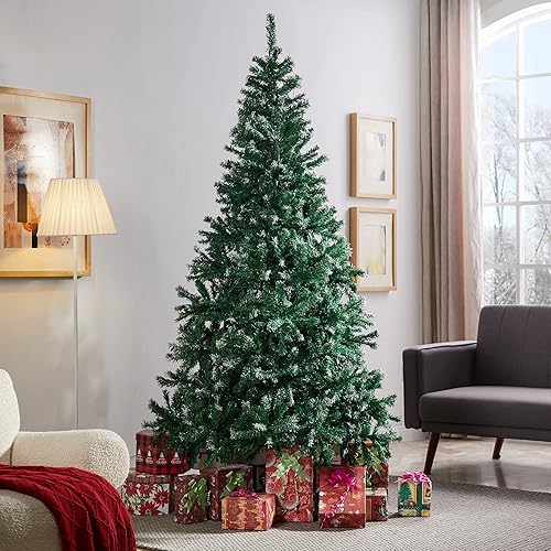 7FT Premium Spruce Snow Flocked Artificial Holiday Christmas Tree for Home, Office, Party Decoration w/ 1,100 Branch Tips, Easy Assembly, Metal Hinges & Foldable Base (Snow)
