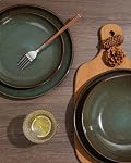 POKINI Stoneware Dinnerware Set, 32 PCS Reactive Glaze Plates and Bowls Set, Handmade Round Ceramic Dish Sets Service for 8, Highly Chip and Crack Resistant Modern Dinner Plate Set, Brown Green