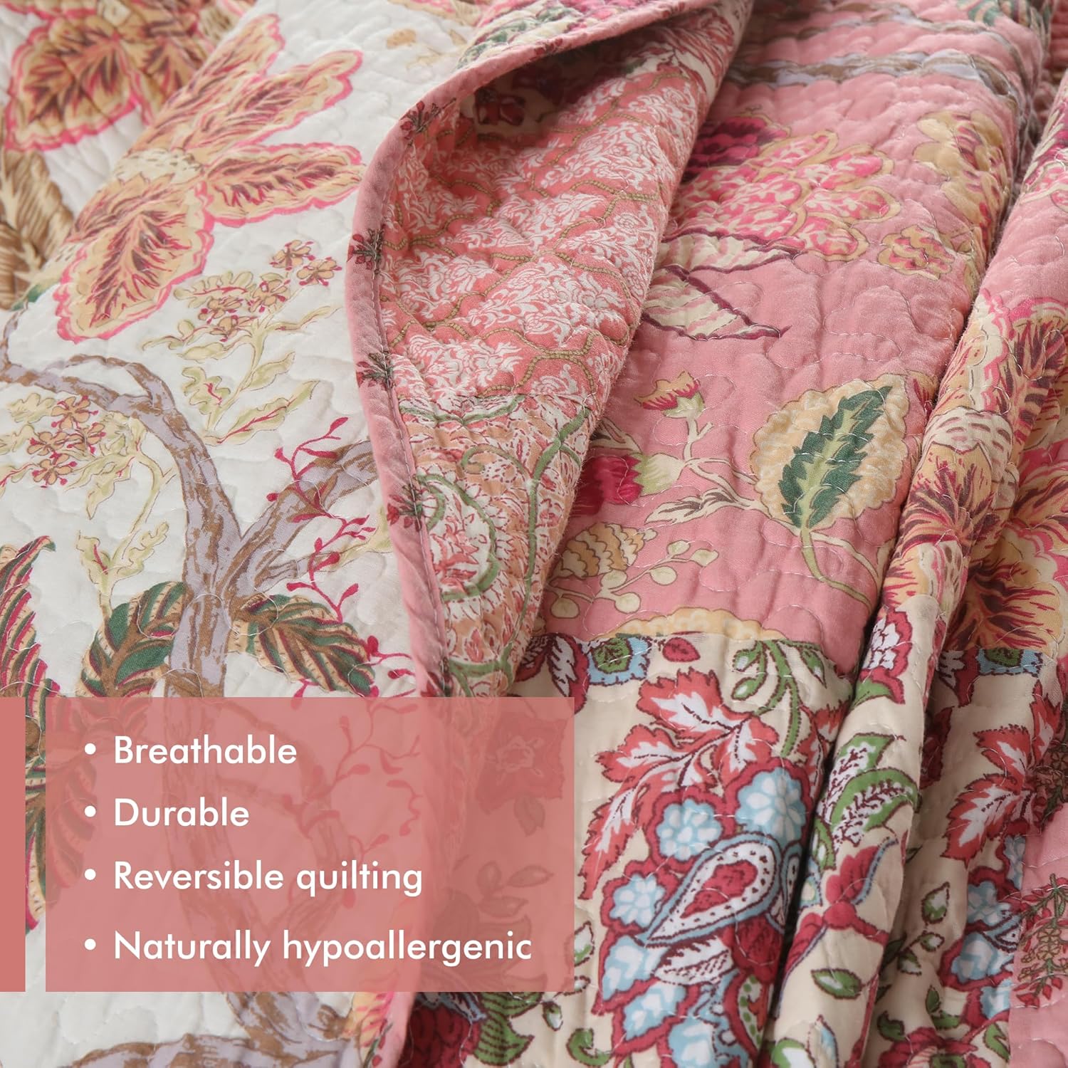Etwel Patchwork Quilt Set Queen Size, 100% Cotton Bedspread, Reversible Lightweight Comforter Set with 2 Pillow Shams for All Seasons, Floral Pink, Queen Size 90"x90"
