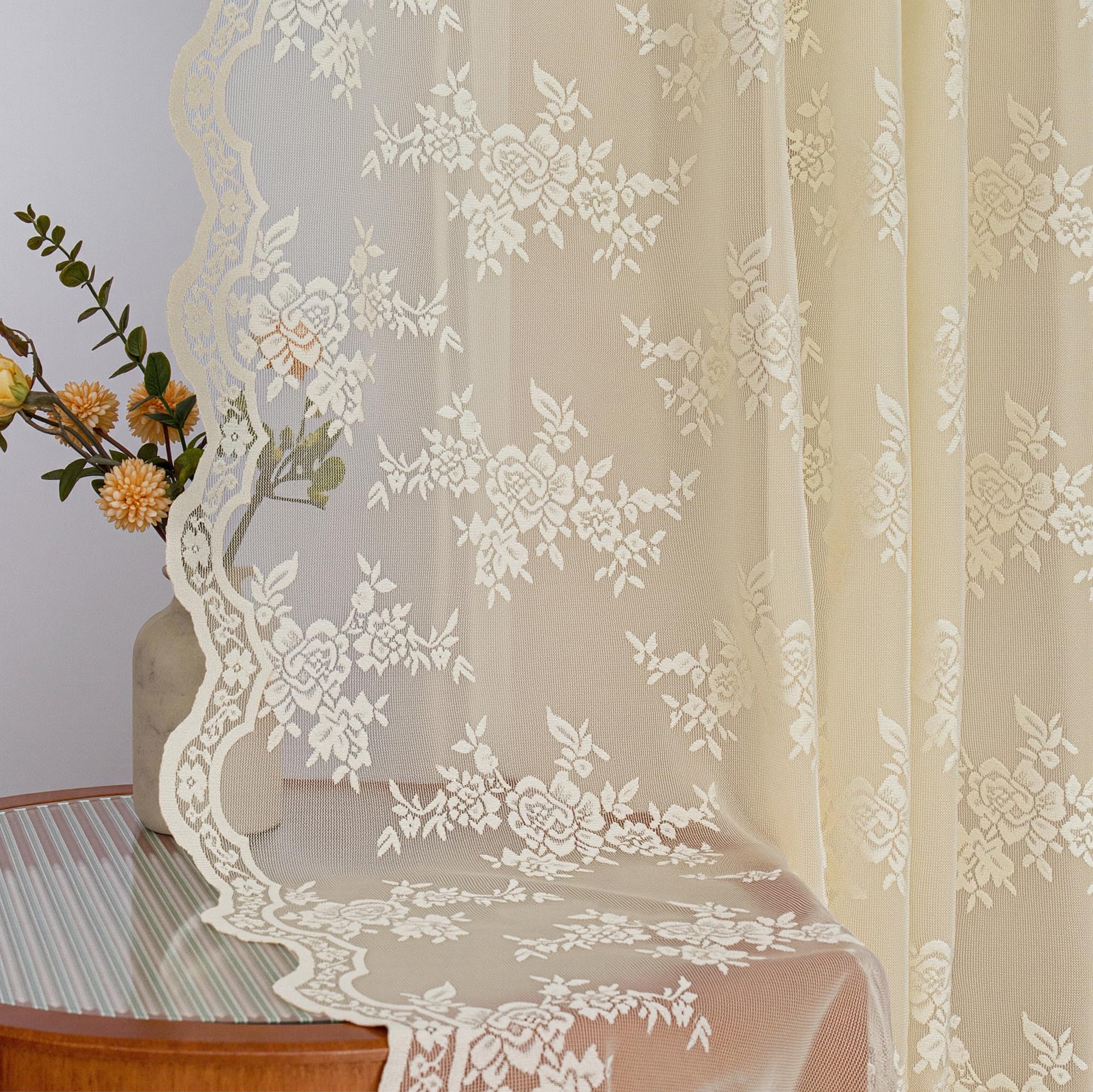 MYSKY HOME Vorhang aus Spitze, Blumen Bestickte Spitzengardinen, Vorhänge mit Kräuselband 2er Set