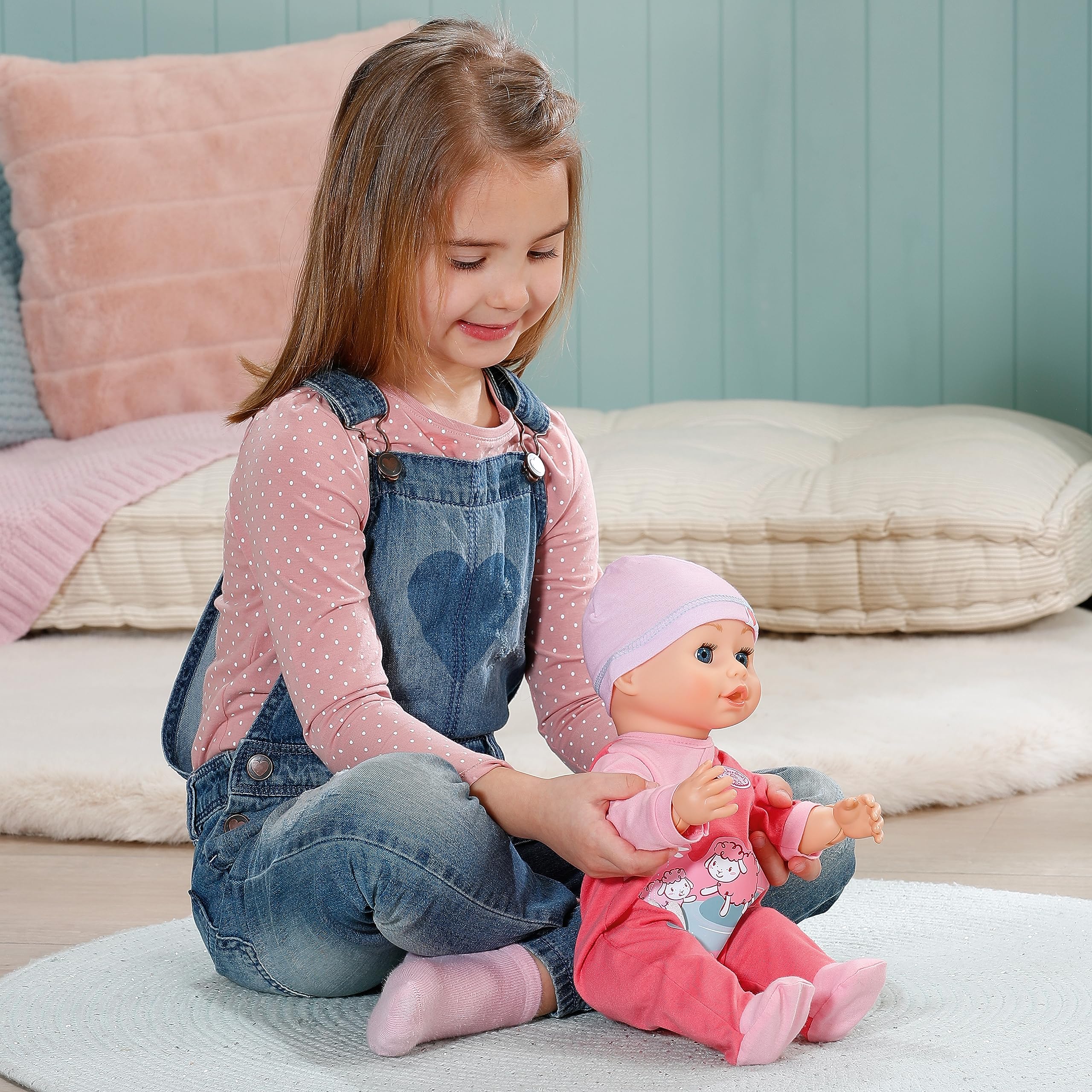 Baby Annabell Emily lauf mit Mir 43cm, Krabbel- und Lauflernpuppe mit Soundfunktion, rosa Strampler und Mütze, 710623 Zapf Creation