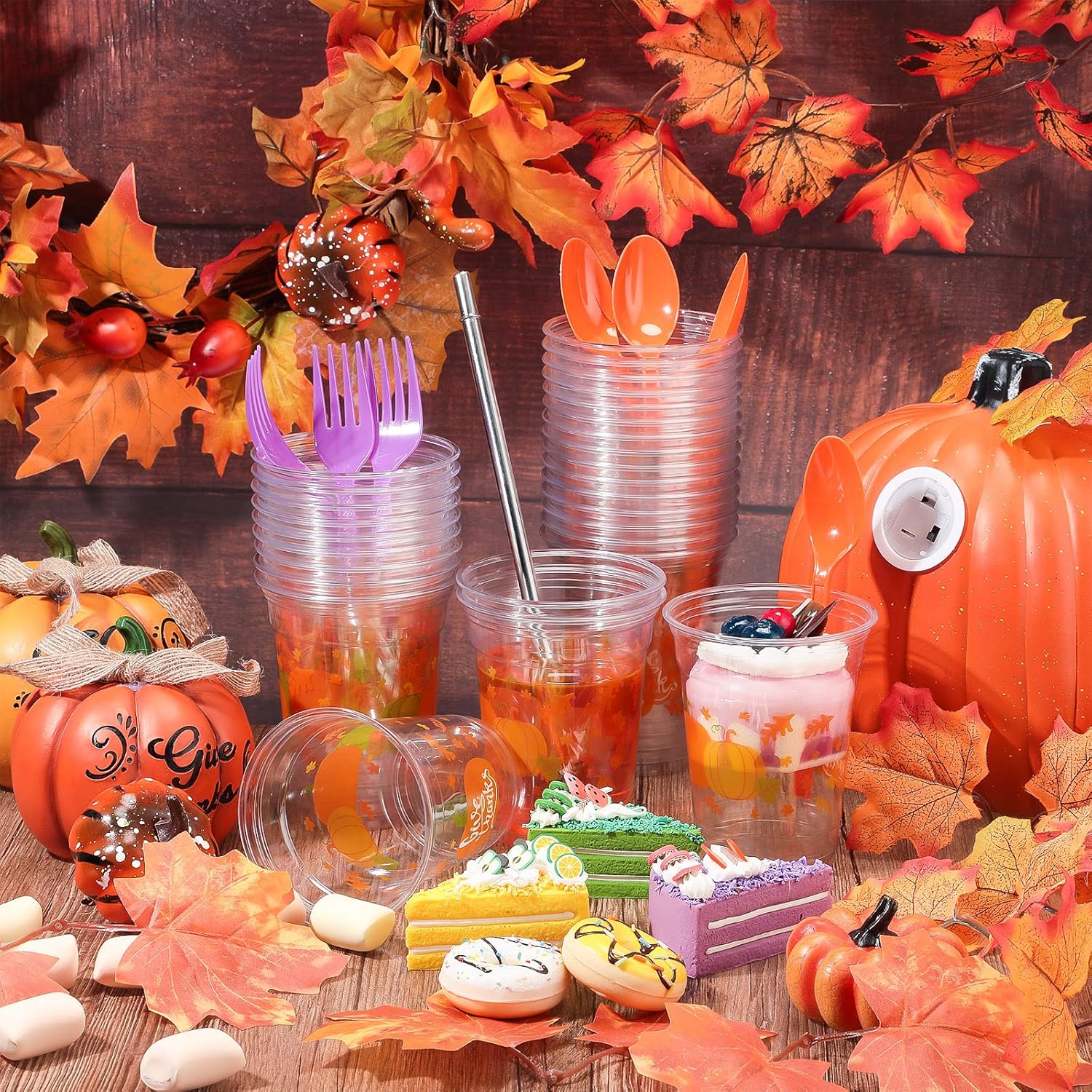 Meanplan 100 Pcs Thanksgiving Plastic Cups Bulk 12oz Fall Disposable Cups Autumn Pumpkin Leaf Turkey Clear Drinkware Tumblers Coffee Juice Wine Glasses Harvest Wedding Party Supplies(Pumpkin)