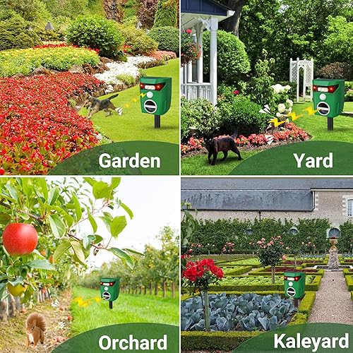 Miniatura 9 de Repelente solar ultrasónico de animales, repelente de gatos para exteriores, activado por movimiento con luz intermitente LED, impermeable, ardilla,