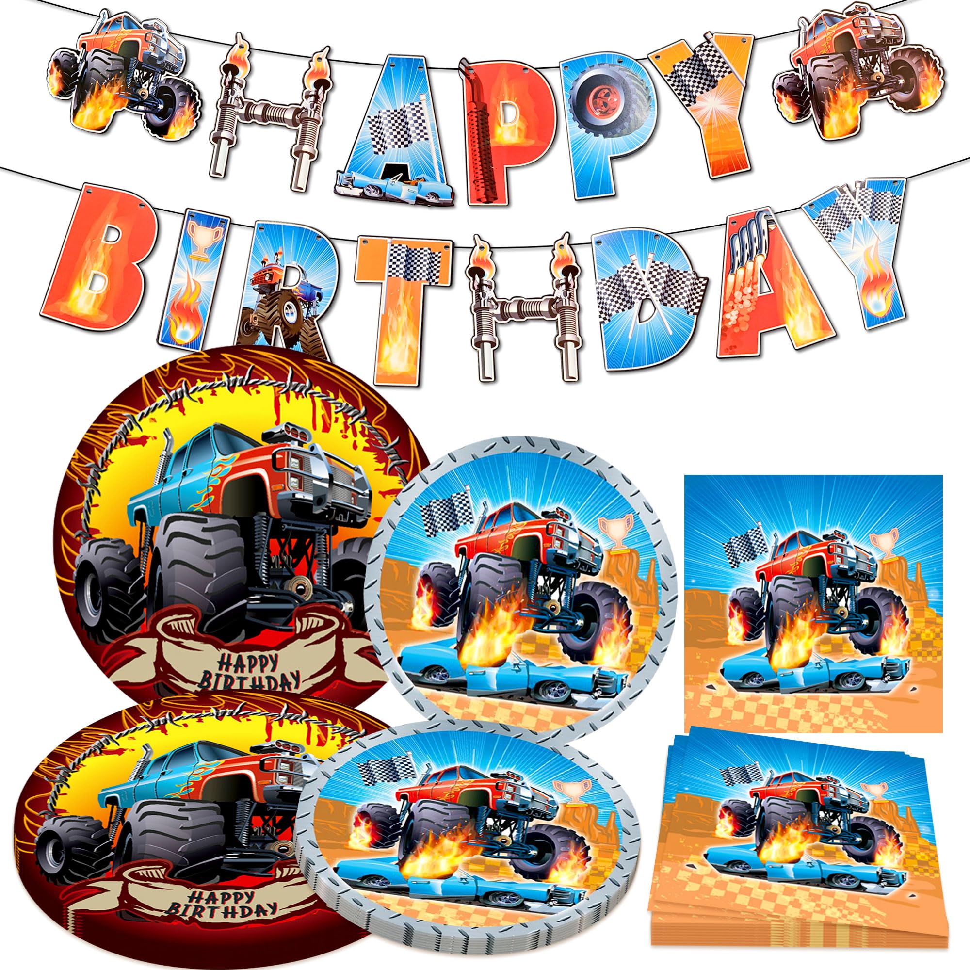 Monster Trucks Birthday Decoration Monster Trucks Party Supplies Monster Trucks Party Plates and Napkins Monster Trucks Birthday Banner