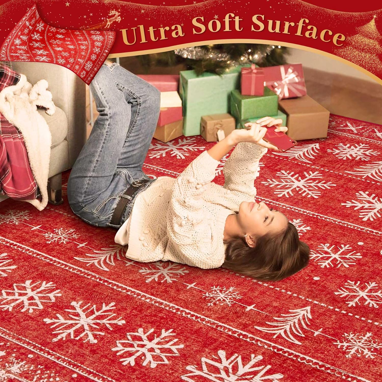 Christmas Area Rug 6x9 Rugs: Washable Living Room Rug Xmas Holiday Decor Rugs Snowflake Low Pile Boho Rug Indoor Floor Carpet for Bedroom Kitchen Dining Room Home(Xmas Red, 6'x9')
