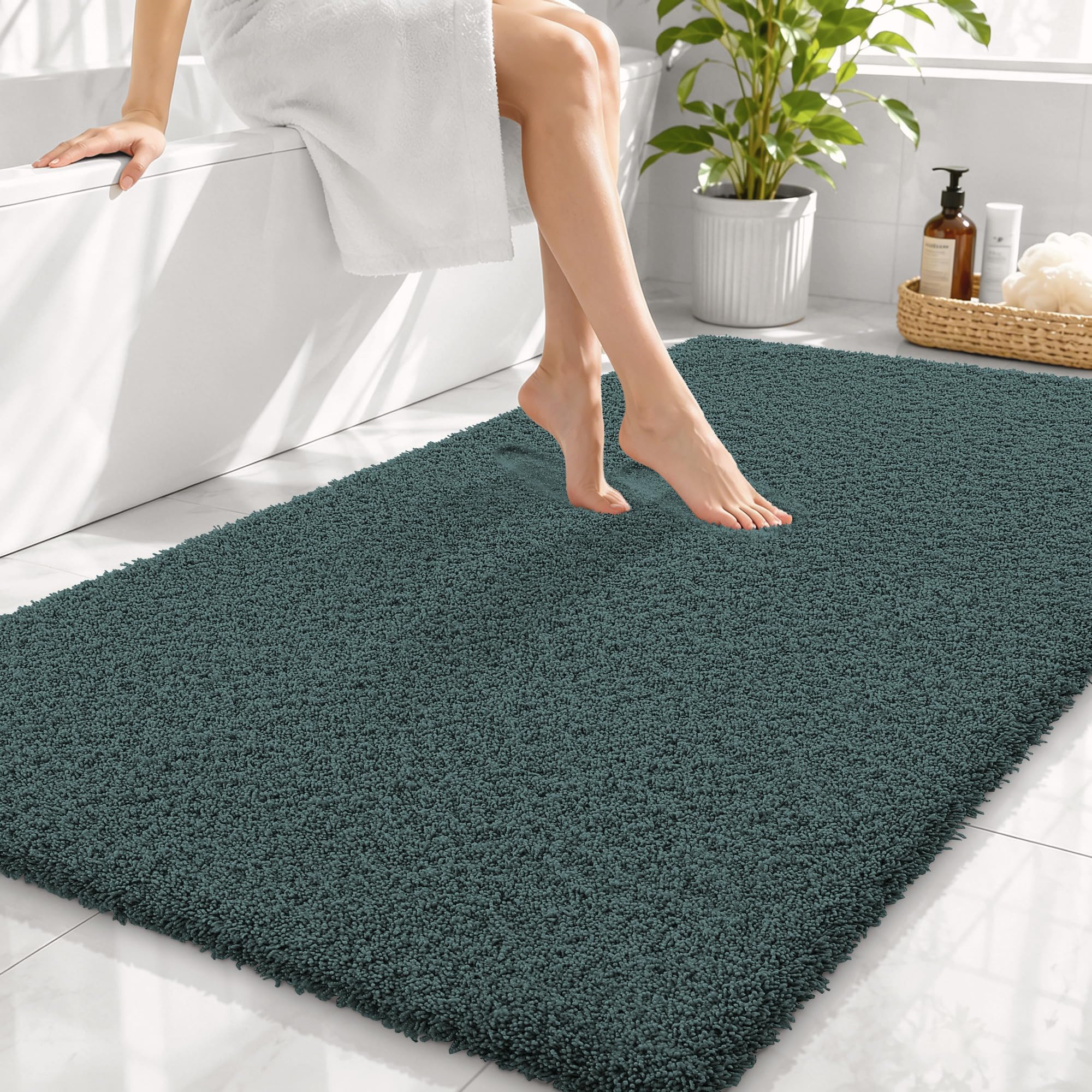 OLANLY Microfiber Large Bathroom Rugs 44x32, Soft Bath Mat, Blackish Green