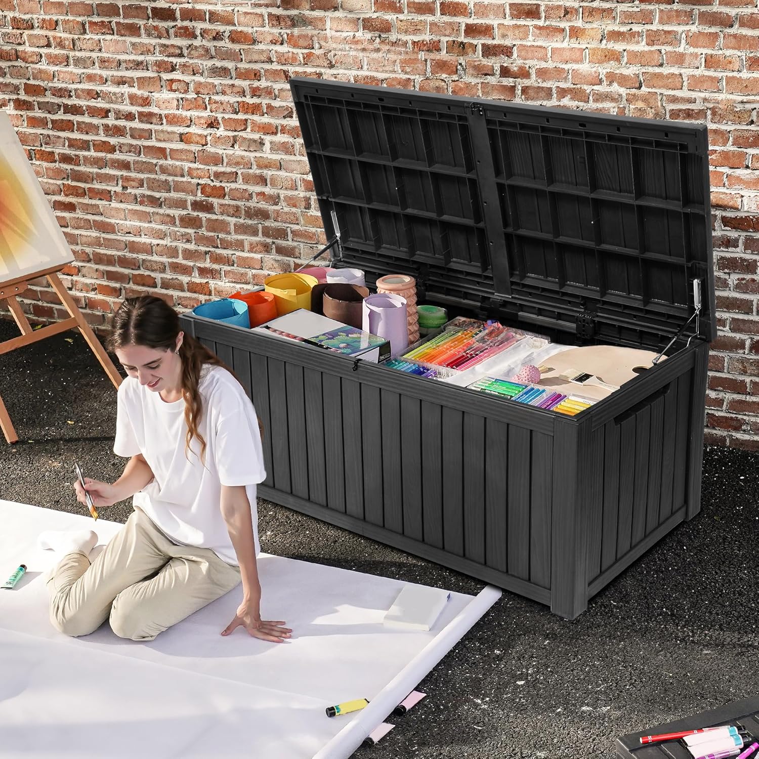 DWVO 180 Gallon XL Deck Box with Divider & Lockable Lid, Waterproof Resin Outdoor Storage for Patio, Garden, Poolside, Cushions, Supplies & Sports Gear, Black