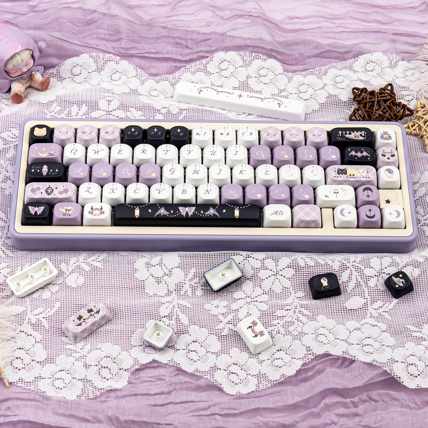 TICKTYPE MOA Profile Keycaps Black Purple Cute Halloween Theme Keycap-PBT Keycaps 5-Sided Sublimation keycap Set, Custom 129 Keys Key caps Set for Mechanical Keyboard 61/64/75/84/87/104/108 Layout