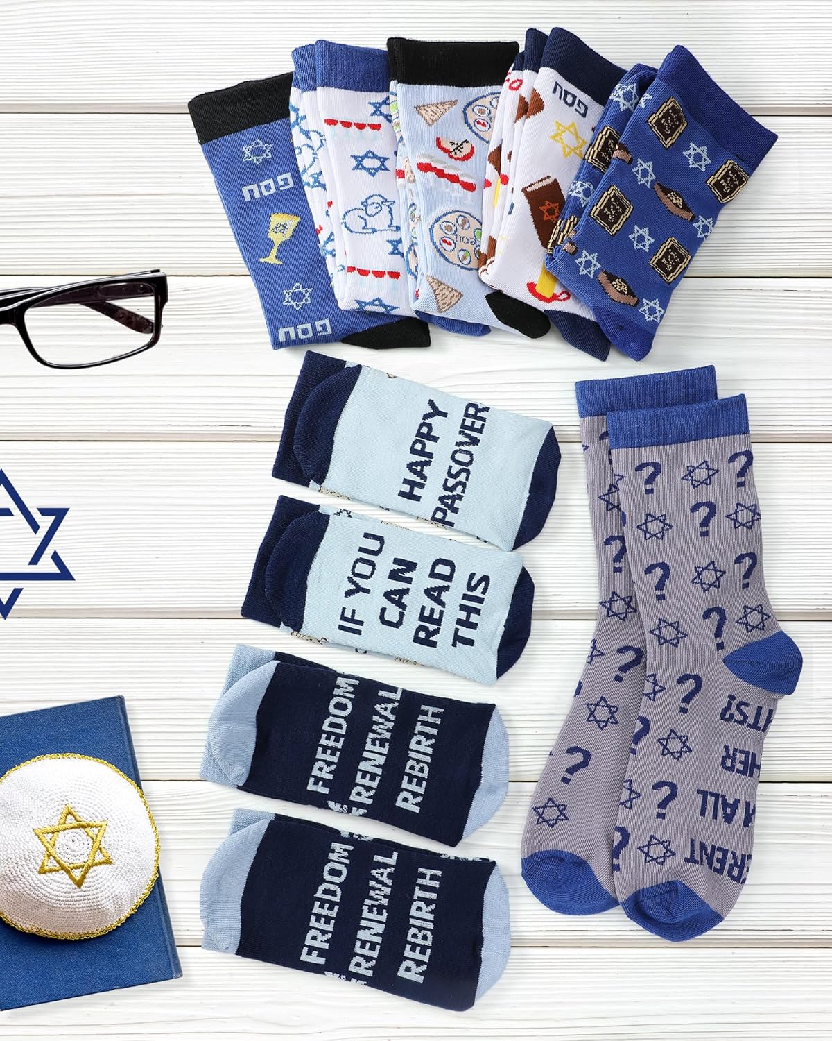 Eurzom 8 Pairs Novelty Passover Socks for Men Funny Blue Passover Matzah Crew Dress Socks Pesach Seder Gifts Jewish Holiday Party Favors Gift for Men Shoe Size 7-12 - Image 6