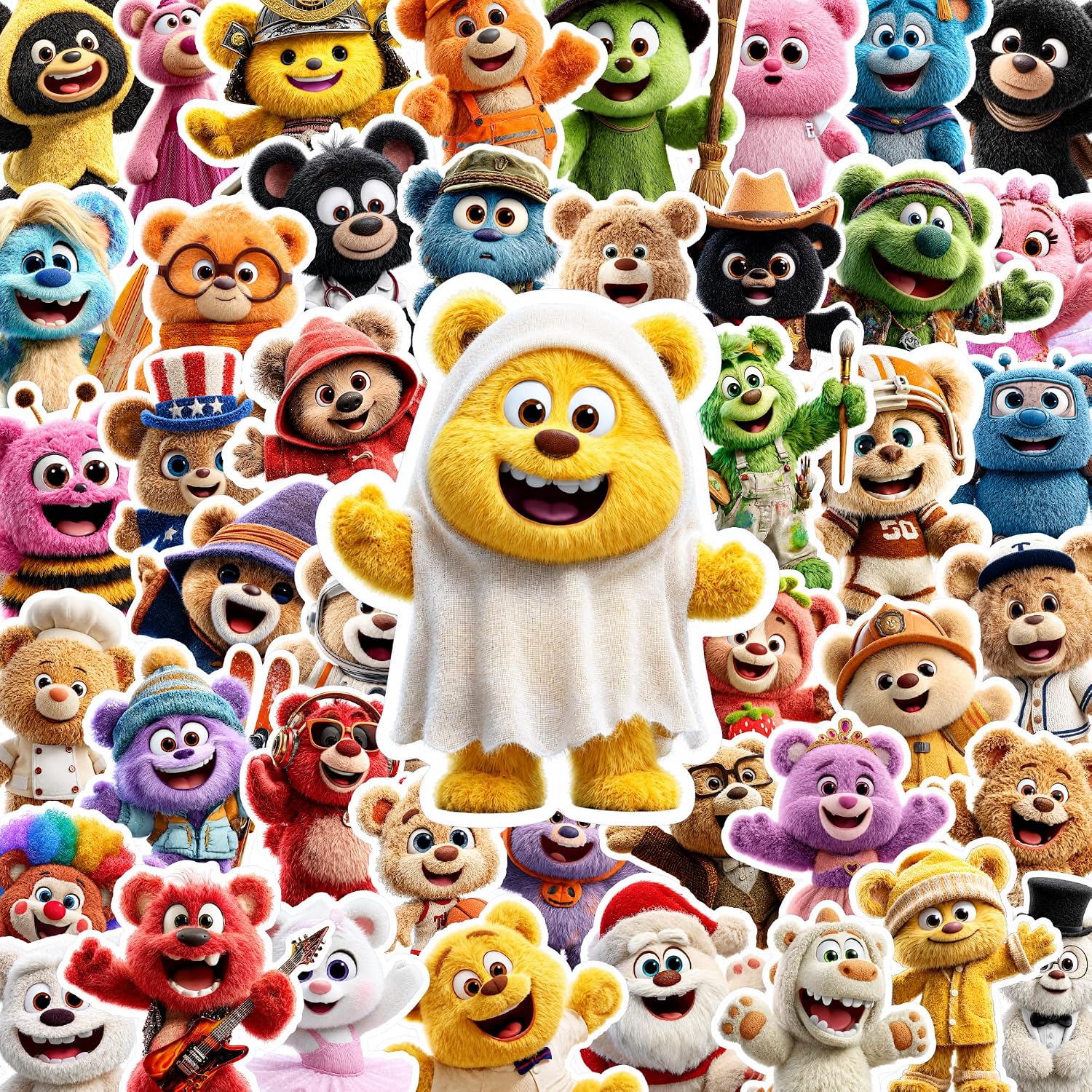 Cute Teddy Bear Stickers for Kids, 50 PCS – 2.5-Inch | Kawaii Plush Toy Bear Stickers for Kids in Cute Funny Teddy Themes | Toy Decals for Waterbottle, car and Laptop | Waterproof Vinyl Sticker