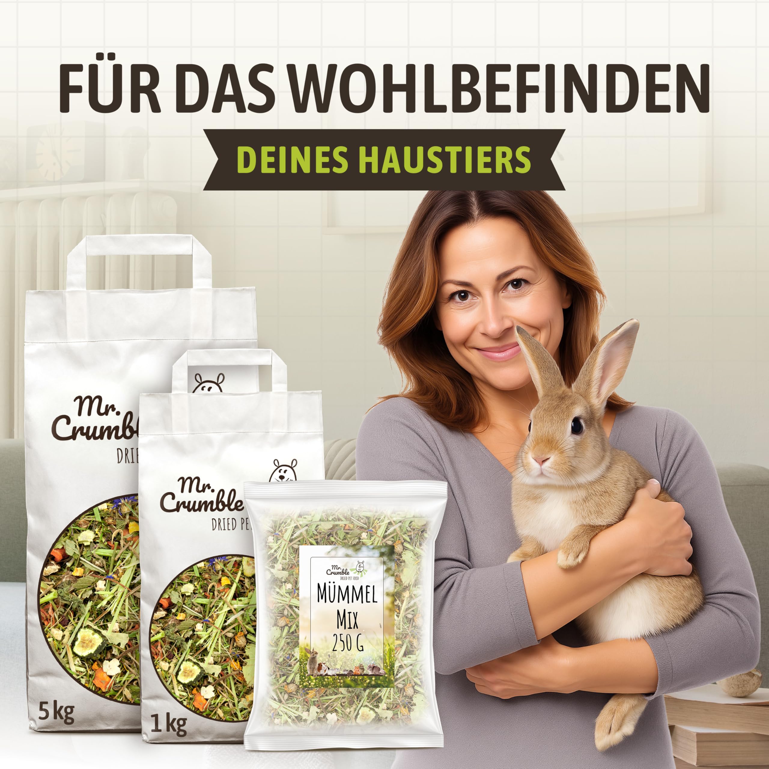Mr. Crumble Mümmel-Mix Kaninchenfutter 5 kg – getreidefreies Kaninchen Hauptfutter für Zwergkaninchen – ohne Pellets, mit Kräutern, Gemüse, Blüten & Saaten – strukturreiches Trockenfutter