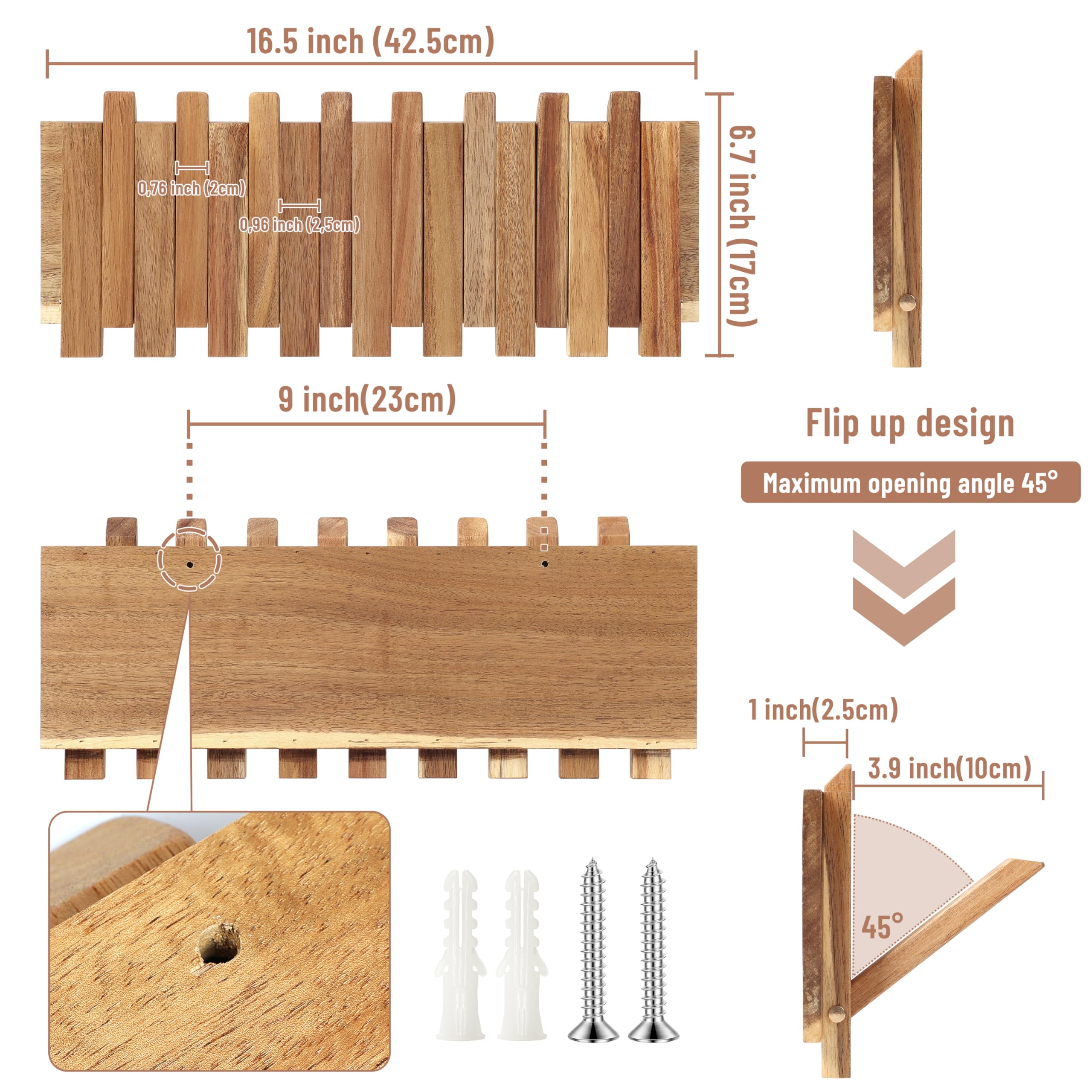 KINGSOW Porte-manteau mural en bois rustique 8 crochets rabattables - 42,5 x 17 x 2,5 cm - Gain de place - Crochets muraux pour couloir, manteaux, vestes, sacs, chapeaux (style décalé)