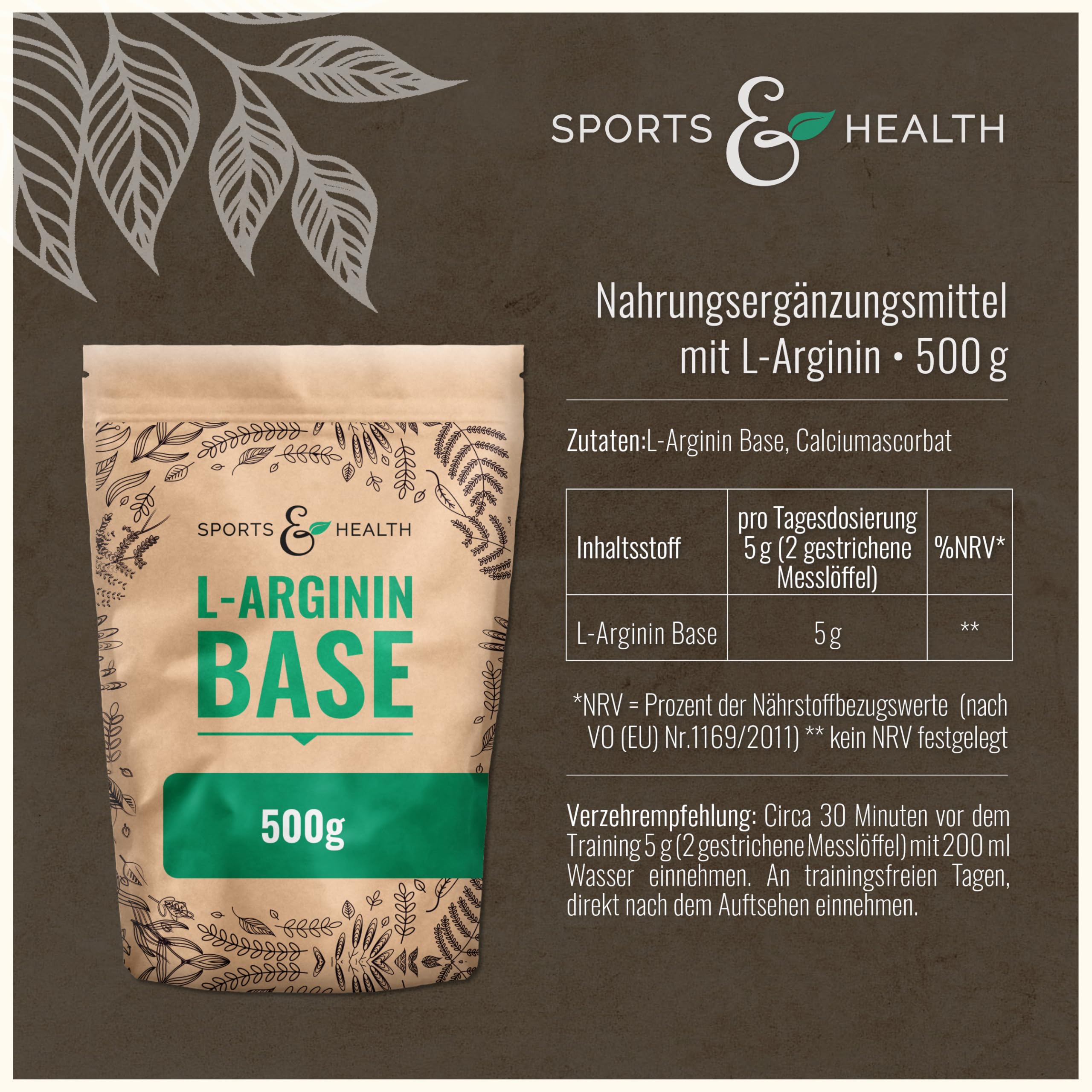L Arginin Base Pulver - 500g Veganes Arginin Pulver 5g pro Tagesdosis - L-Arginin Ist Die Reinste Quelle Mit Höchster Bioverfügbarkeit Und Optimalen PH Wert