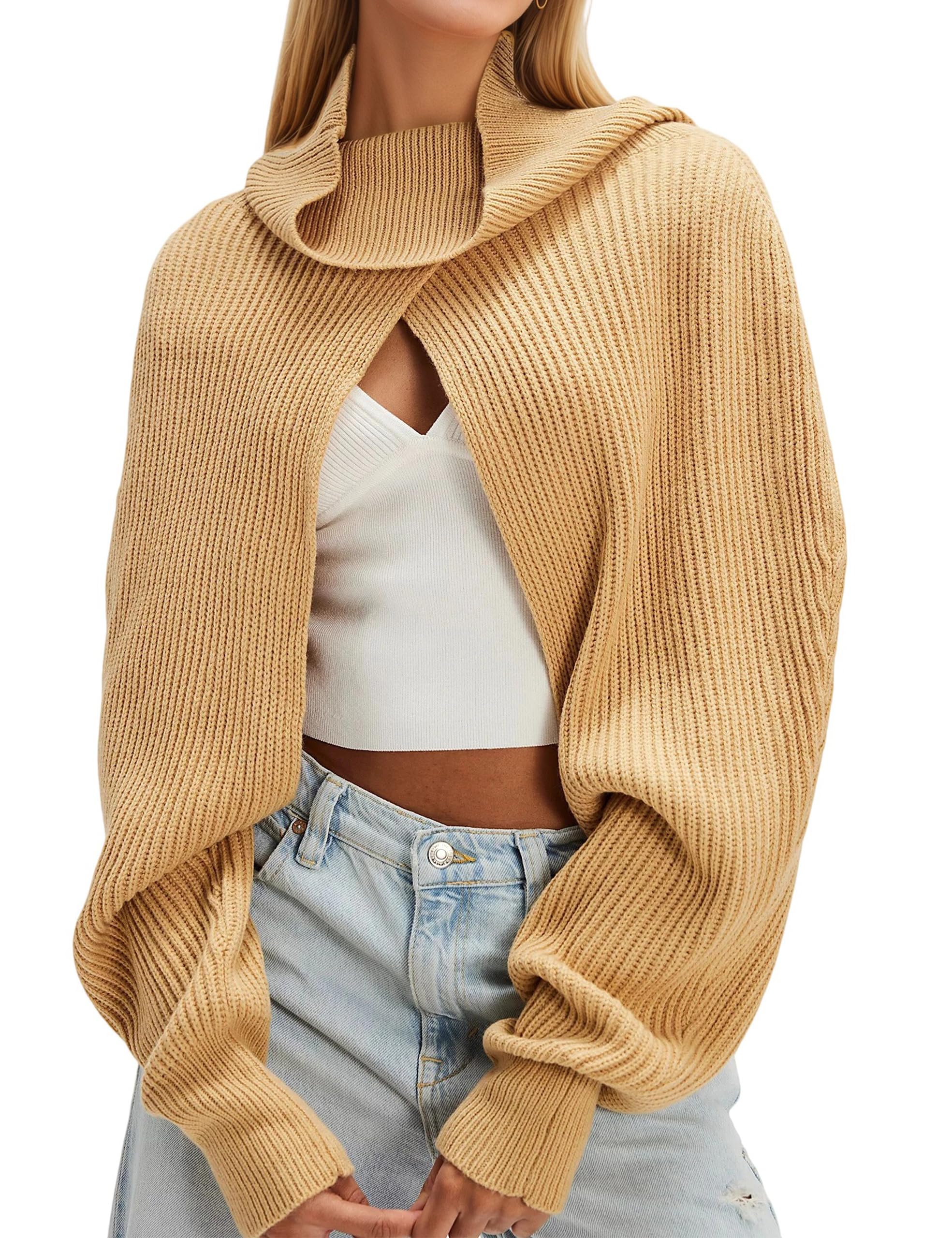 MISSACTIVER Turtle Neck Bolero Shrugs for Women Open Front Knit Cropped Sweaters Long Sleeve Loose Fit Pullover Sweater