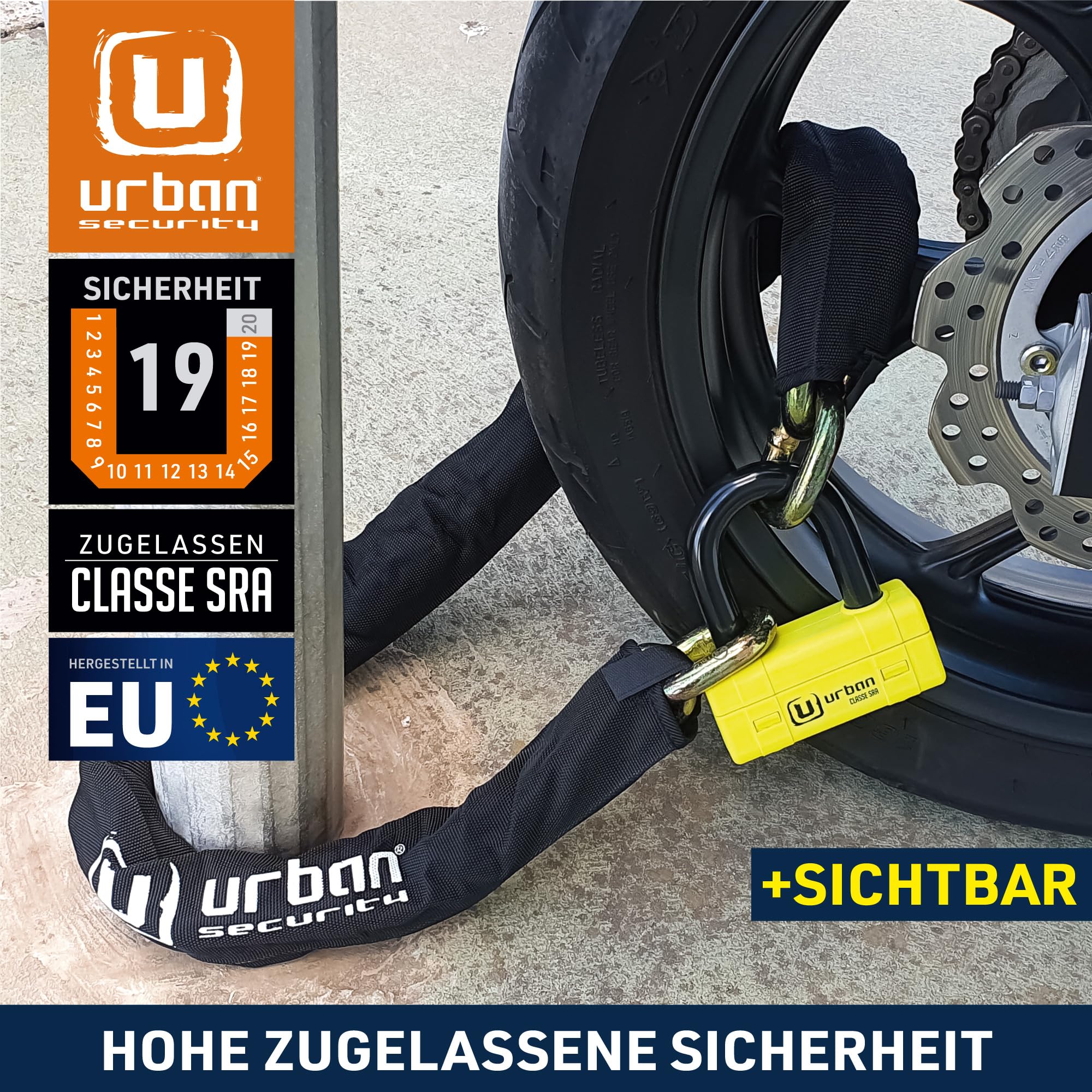 URBAN UR74120 Motorradschloss Scheibenschloss Hochsicherheits-Motorrad Diebstahl-Vorhängeschloss Diebstahlsicherung Homologiert SRA, Mini Bügelschloss + Kettenschloss ø13,5, 120 cm, Gelb