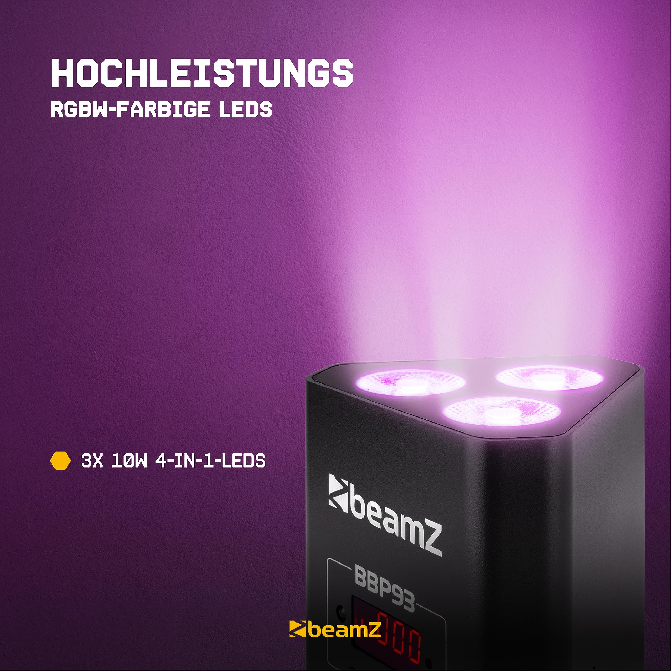 BeamZ BBP93 Akku LED Strahler 4er Set Uplight, 3x10 Watt Effektstrahler, RGB LED Spot, Bühnenbeleuchtung, Lichteffekte, Fernbedienung, Disco Licht, Partylicht Musikgesteuert, Ambiente Strahler