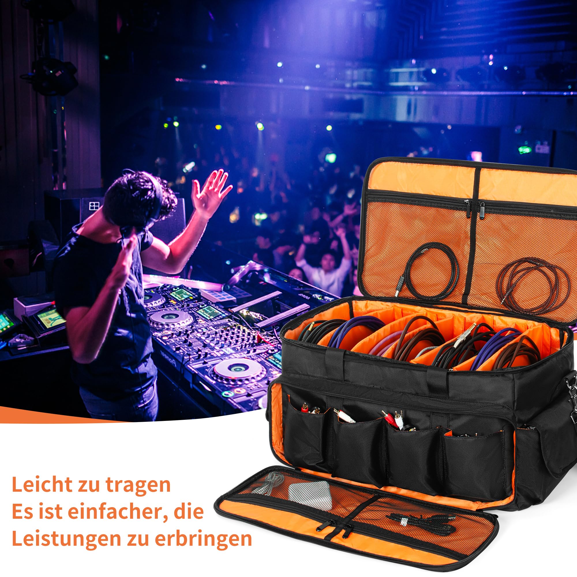 OUUTMEE Borsa per DJ, borsa portacavi, per attrezzatura musicale, 50 x 30 x 30 cm, fondo imbottito rimovibile e divisori, per attrezzatura DJ professionale, strumenti musicali e accessori