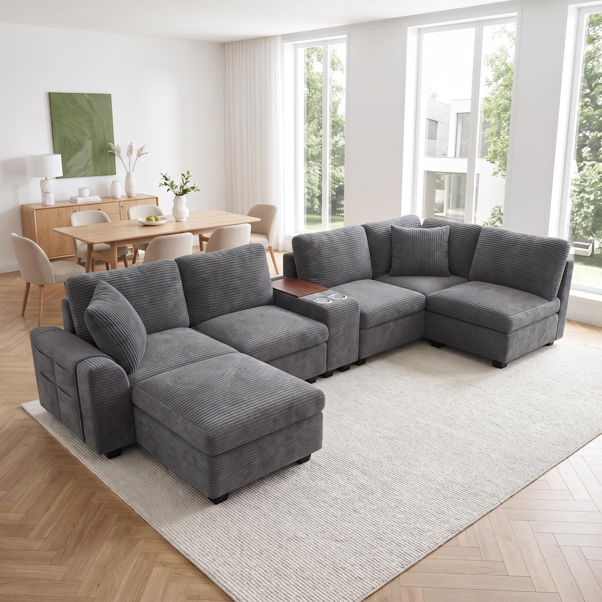 Sapgaks Canapé d'angle modulable en U/L,canapé 6 Places,avec Pouf de Rangement,Console Centrale,2 Porte-gobelets,USB/Type C,Compartiments cachés et Poches d'accoudoir,Velours (Gris)