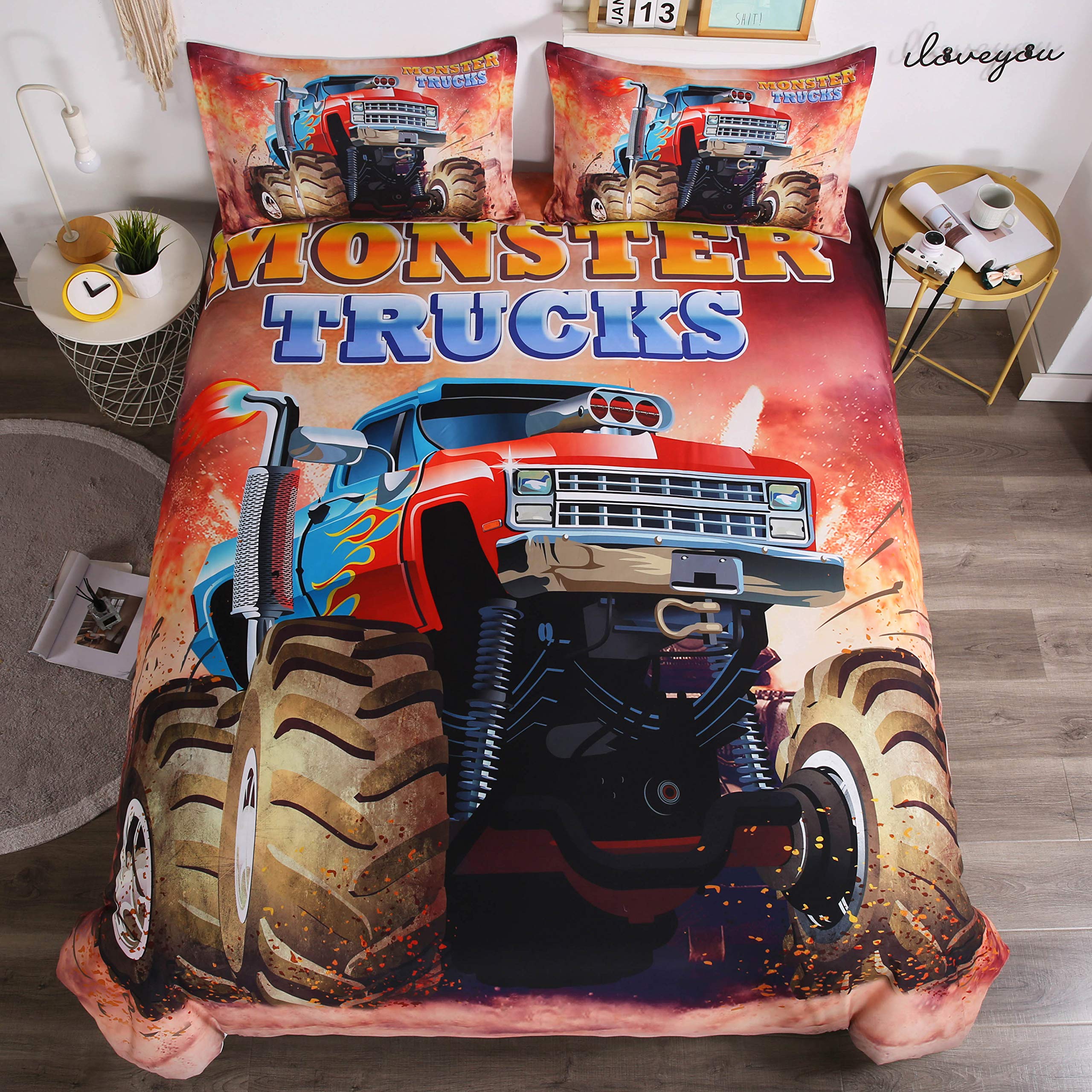 Suncloris,3D Monster Truck Home Bedding,Monster Truck Off Road Mud Fighting Crazy Monster Truck Duvet Cover Sets.Included: Duvet Cover,Pillowcase(no Comforter Inside) (Queen)