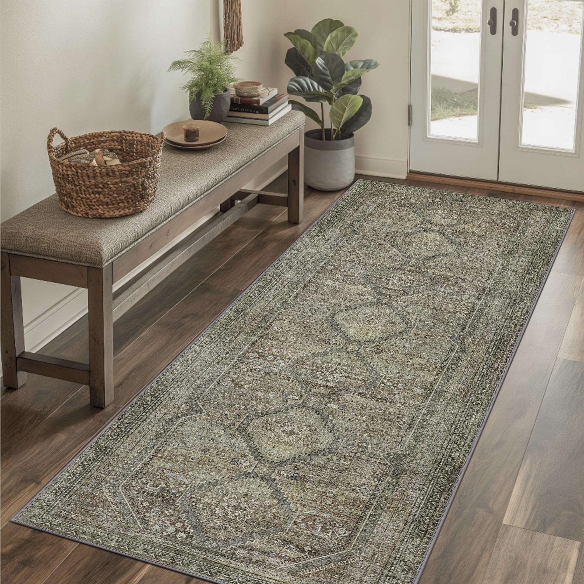 GENIMO 2x7 Non Slip Hallway Runner Rug, Machine Washable, Thin & Low Pile Lightweight for Kitchen, Laundry, Entryway, Bedroom & Living Room, Sage