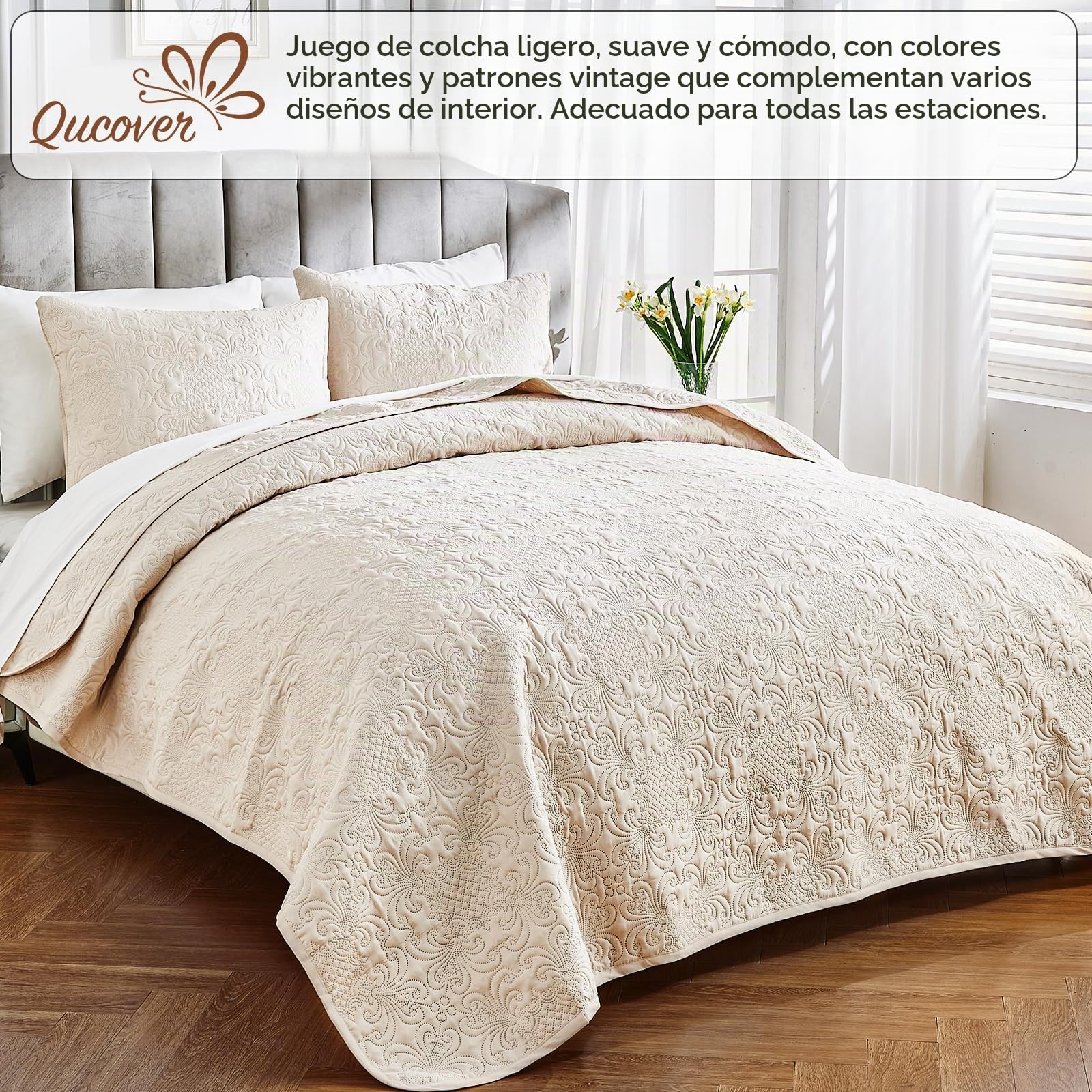 Qucover Colchas Camas 135 Beige, Estampado Vintage de Fores de Poliéster con Tecnología de Acolchado Ultrasónico, Funda de Almohada No Incluida, Beige, 228x243cm