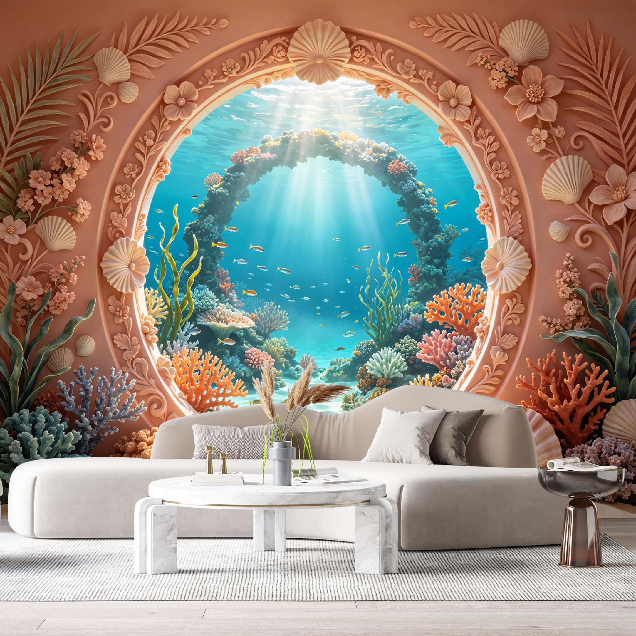 Custom Size Wall Murals Ocean Marine Coral Reef Fish 3D Trompe L'Oeil SelfAdhesiveWall Fabric Removable Wallpaper Wall Decor for Living Room Bedroom Bathroom