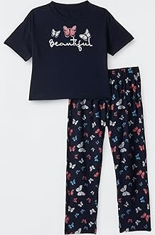 T2F Girls Cotton Printed Oversized Fit Crop Top and Pant Pajama Set