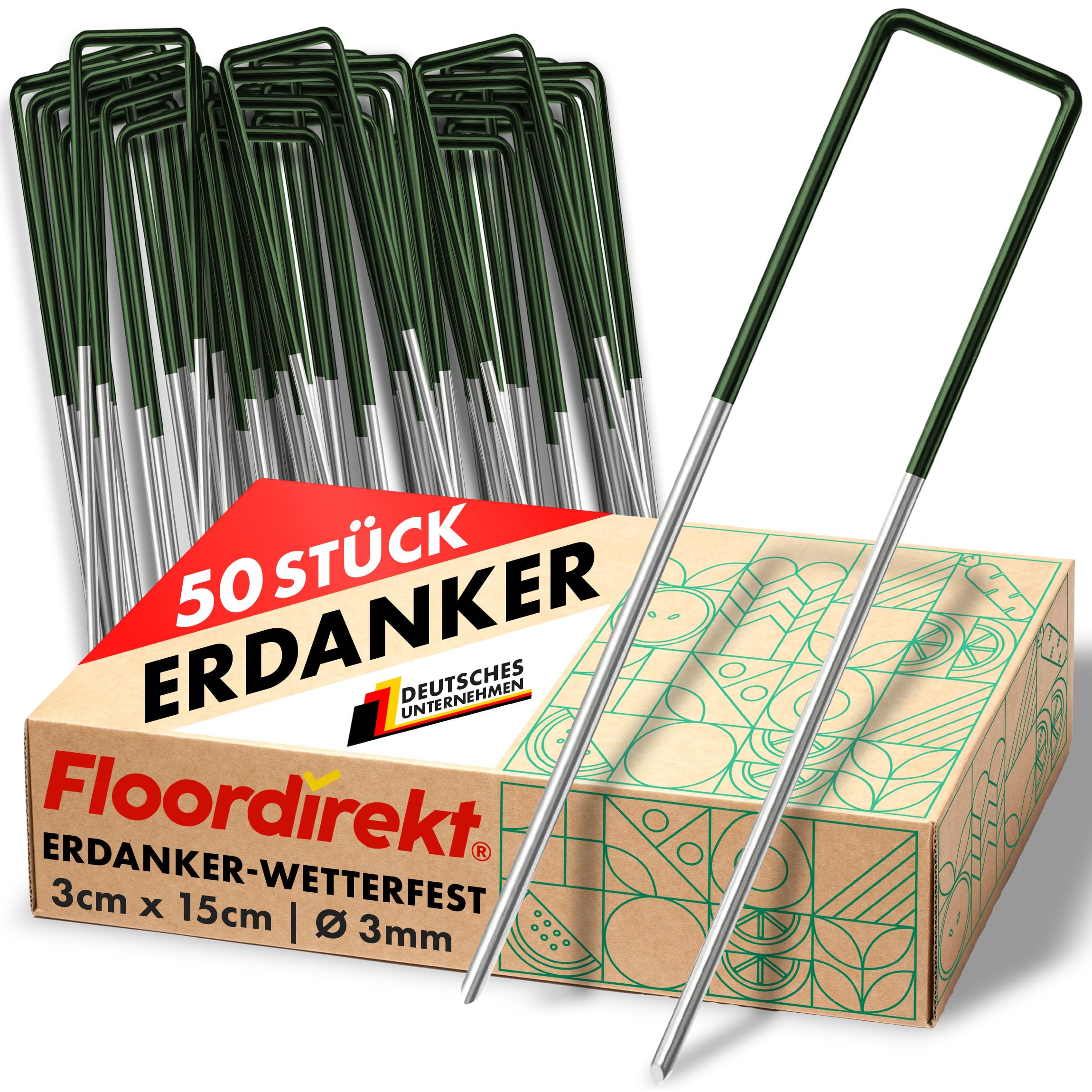 Floordirekt Erdanker Heringe für Kunstrasen, Unkrautvlies, Zaun, Zelt, Camping & Garten aus Eisendraht 15 x 3cm Stabile und korosionsbeständige Bodenanker