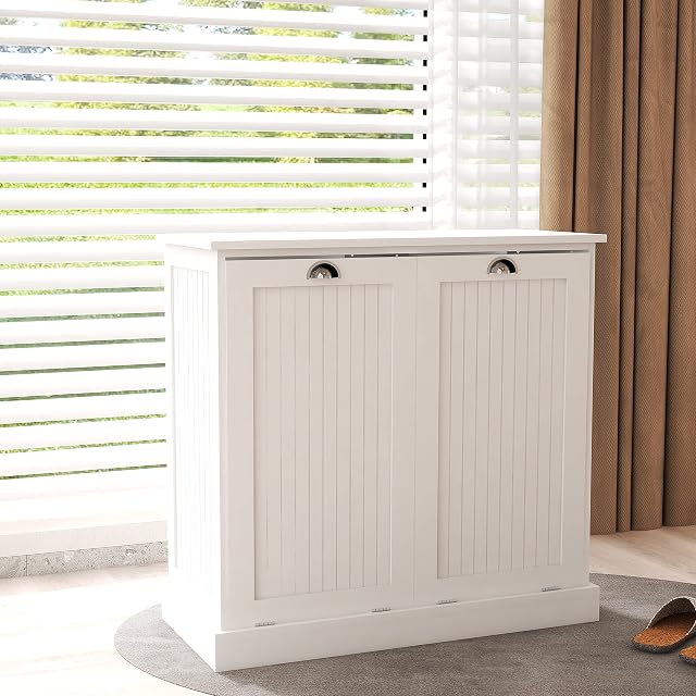 RASOO Double Tilt Out Trash Cabinet White Free Standing Laundry Sorter Cabinet with Removable Two-Compartment Tilt-Out Hamper Clothes Basket