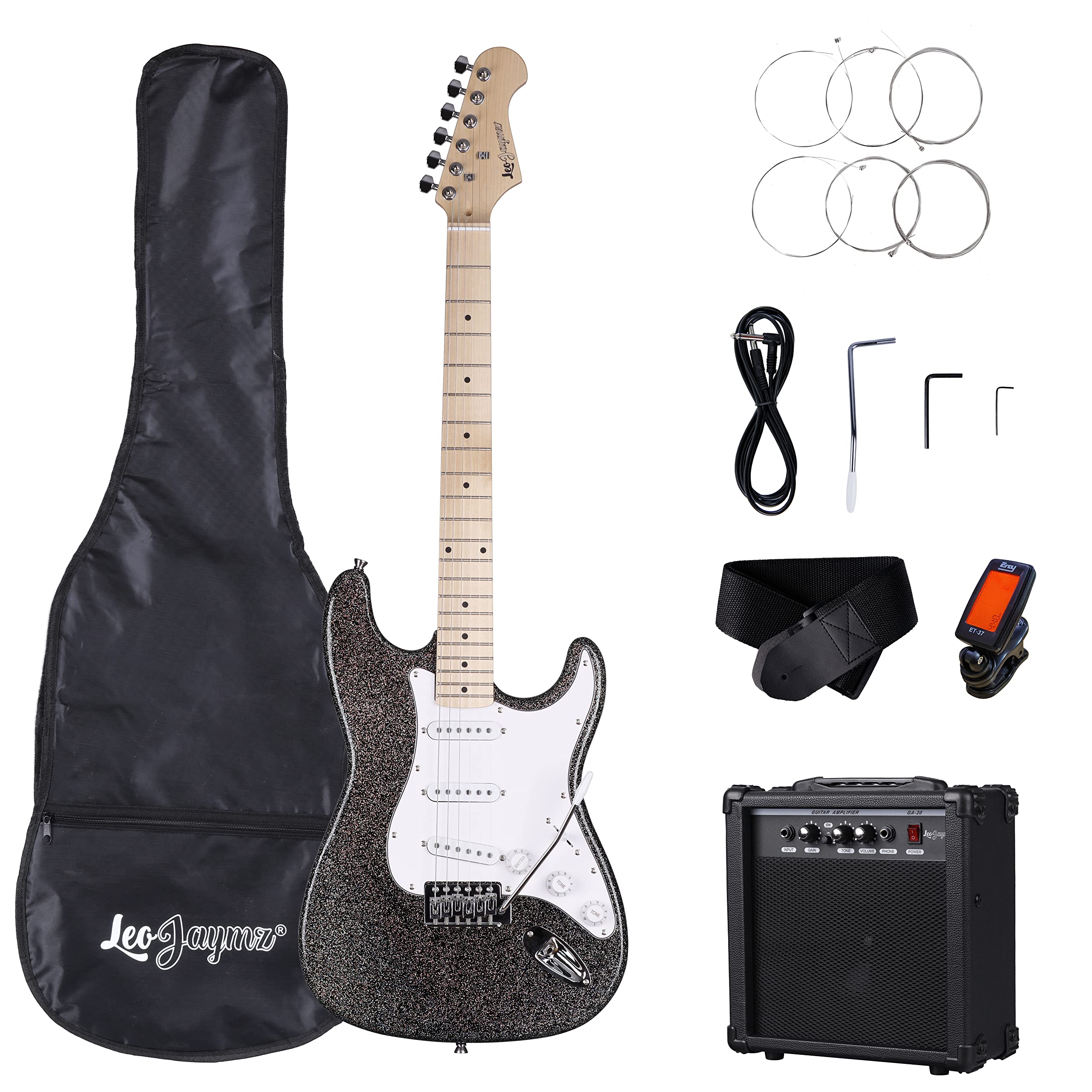 Leo Jaymz 39 Inch Full Size Electric Guitar Kit Electric Guitar Beginner Kits - 20W Amplifier,Digital Tuner,Carring Bag,Shoulder Strap,Connecting Cable (Laser Silver)