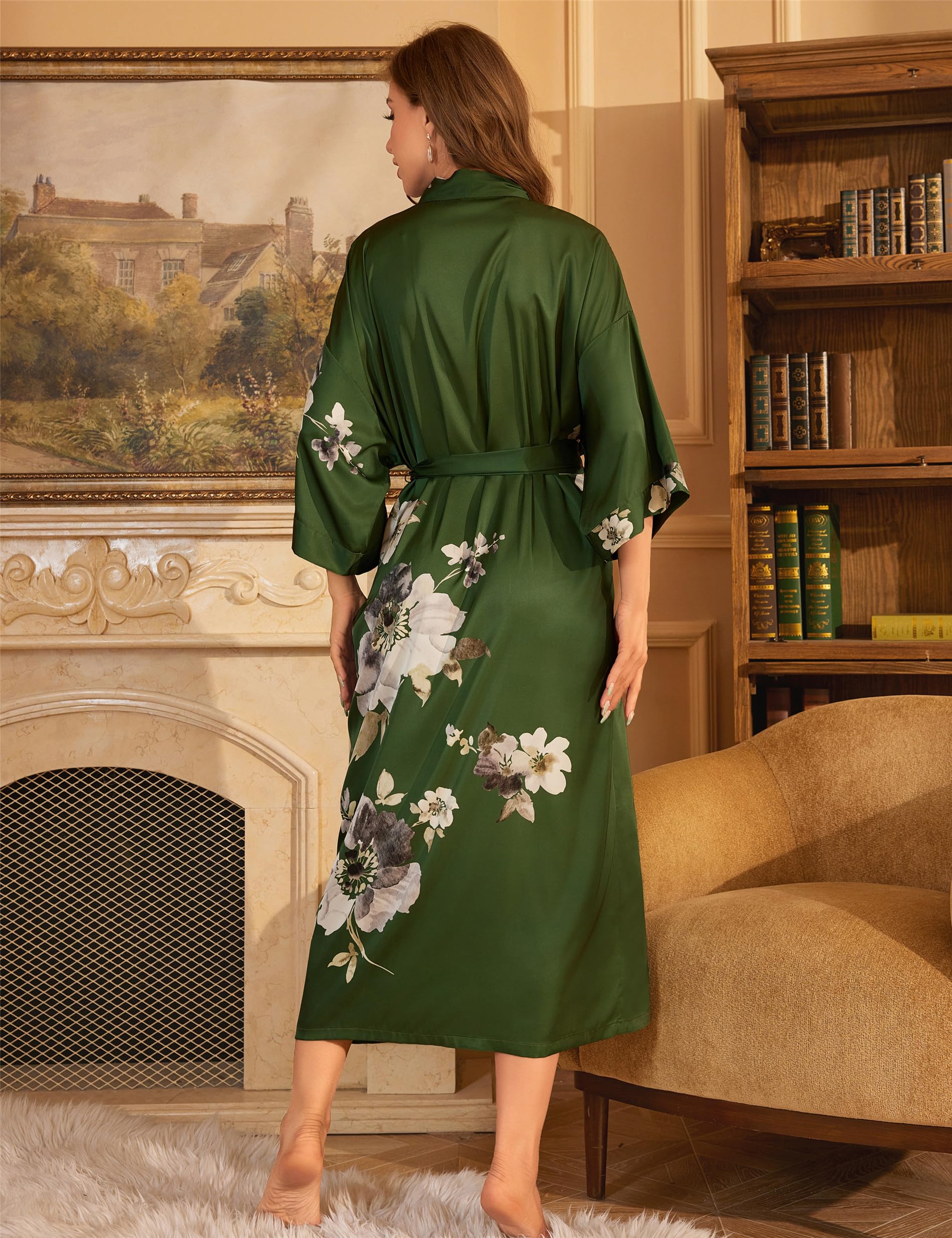 Kihnop Women's Floral Long Kimono Robe Long Satin Robe Long Silk Robe Ladies Kimonos Silky Bathrobe Cover Up, One Size: One Size Dark Green