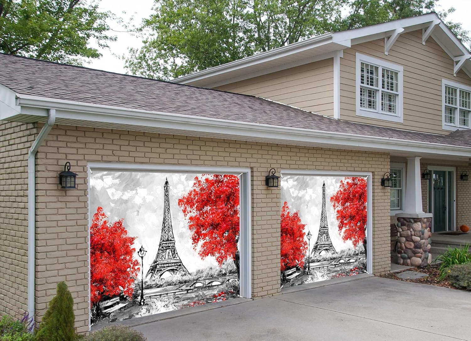 7x8ft France Eiffel Tower Garage Door Decor Black White Paris European City Landscape Red Maple Leaves Tree Garage Decorative Romantic Wedding Photo Wallpaper Props