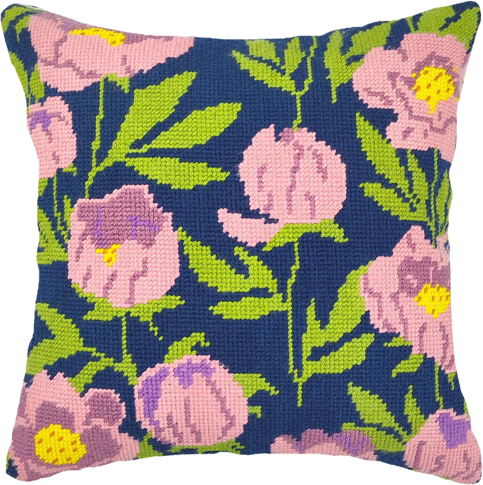 Howie's Needlepoint Needlepoint Kits for Adults, Pillow Front Cross Stitch Kit with Embroidery Pattern on Canvas, Yarn, 2 Needles and Instruction, 16 x 16inch(Pink Tulips-Dark)
