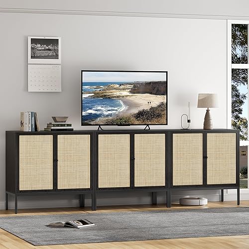 Miniatura 7 de Brafab Juego de 2 gabinetes de ratán para bufé, aparador con puertas decoradas de ratán natural, gabinete de acento, para sala de estar, entrada,