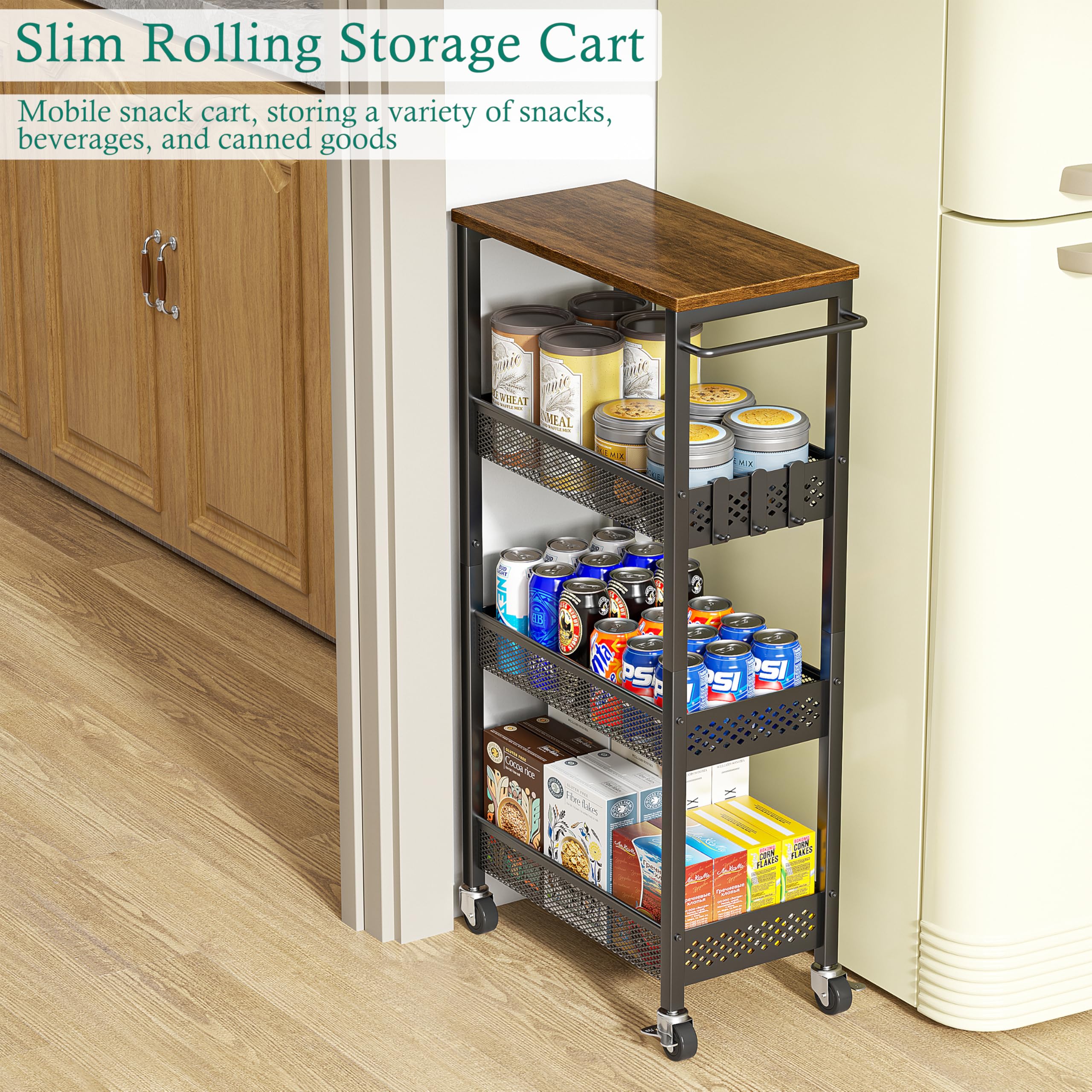 XYZLVSI Carrito de almacenamiento delgado de 4 niveles para frutas y verduras para cocina, espacio pequeño, carrito estrecho con ruedas con parte superior de madera y mango de metal para despensa,