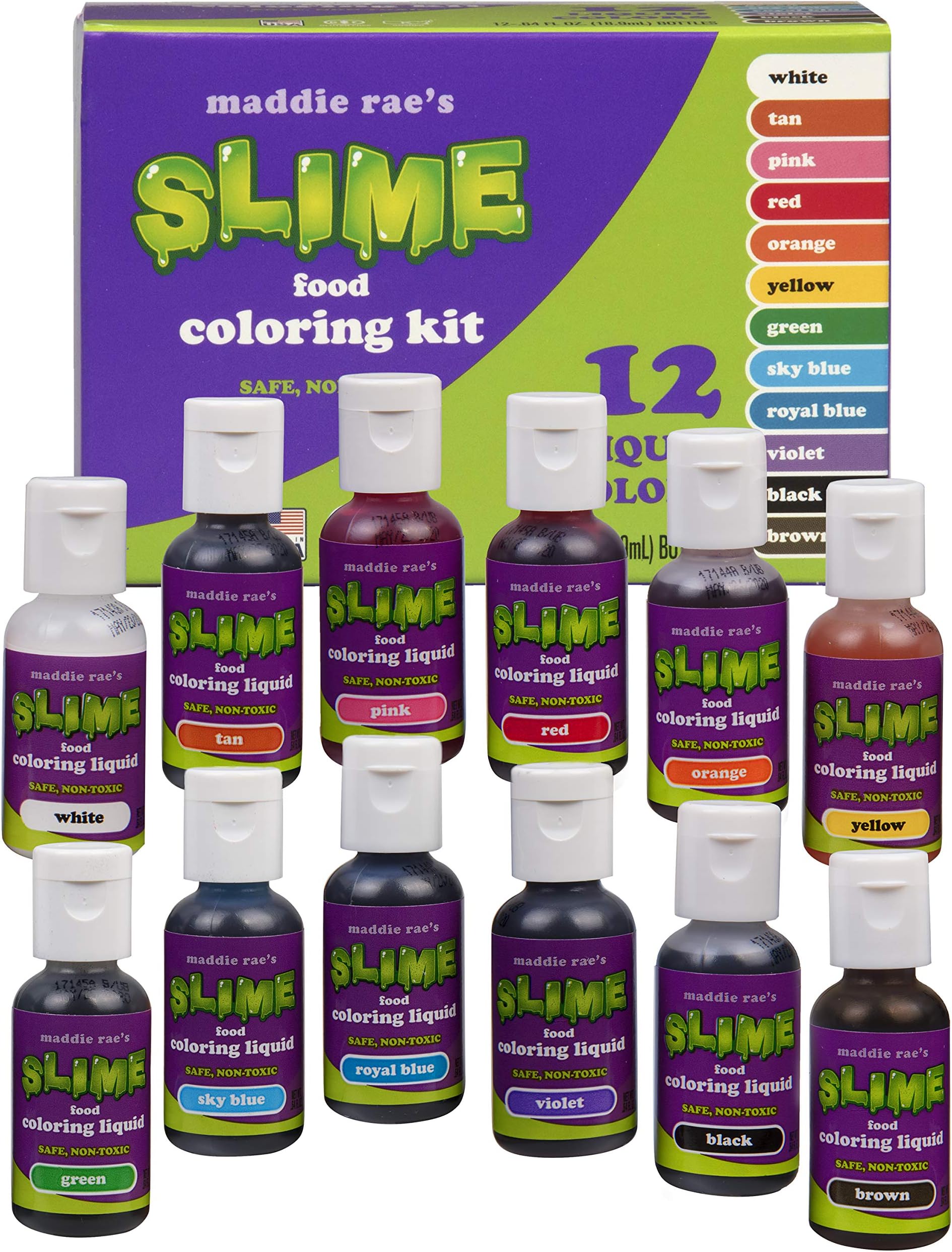 Maddie Rae's Food Coloring Kit - 12 Color Variety Kit - Safe, Food Grade Non Toxic Formula for all Slime Making