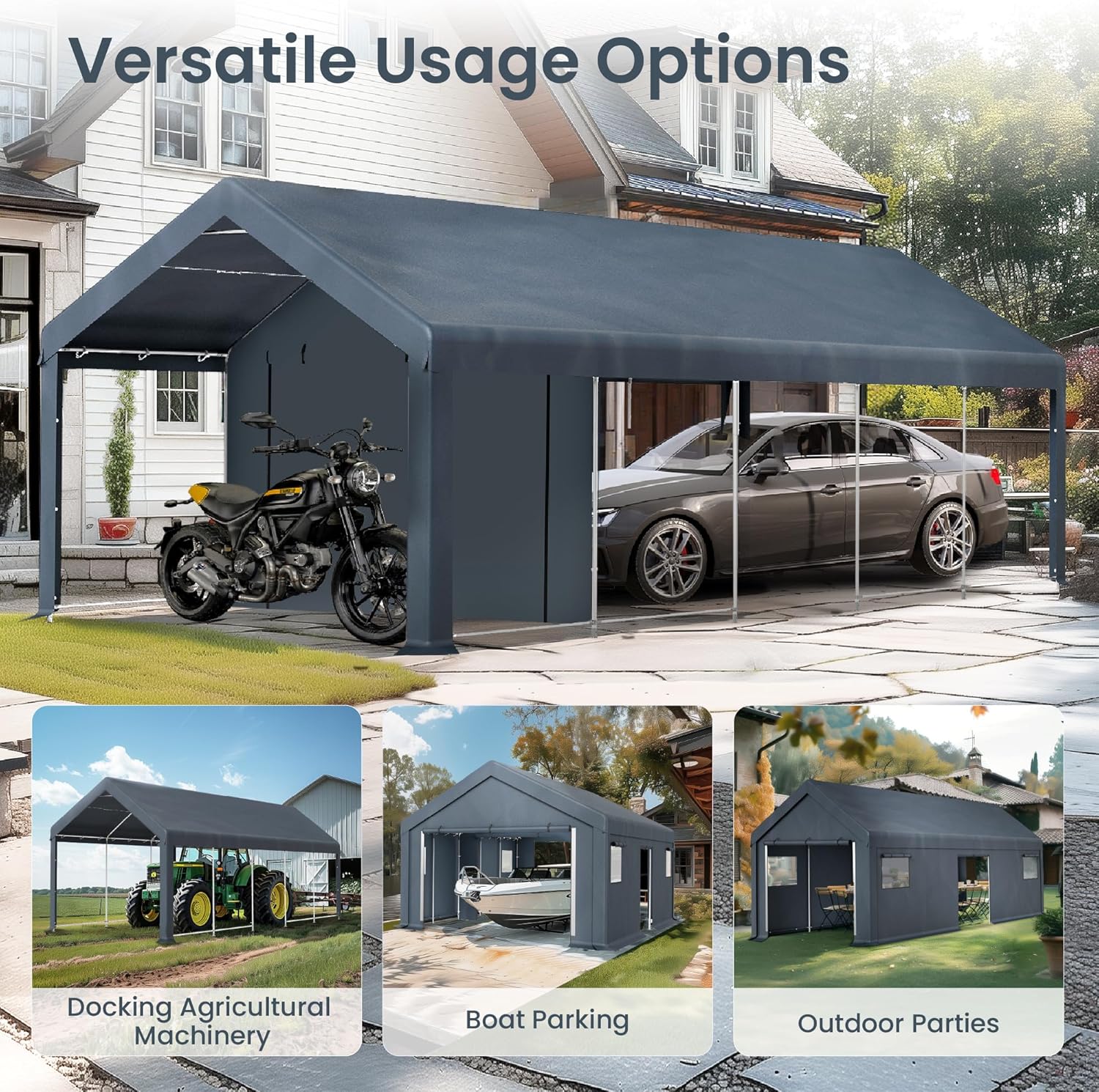 PHI VILLA 13x24x9.6 Outdoor Portable Storage Shelter Shed Garage with Roll up Zipper Doors Vents Carport for Motorcycle Waterproof and UV Resistant Anti-Snow Portable Garage Kit Tent, Gray PHI VILLA 13x24x9.6 Outdoor Portable Storage Shelter Shed Garage with Roll up Zipper Doors Vents Carport for Motorcycle Waterproof and UV Resistant Anti-Snow Portable Garage Kit Tent, Gray