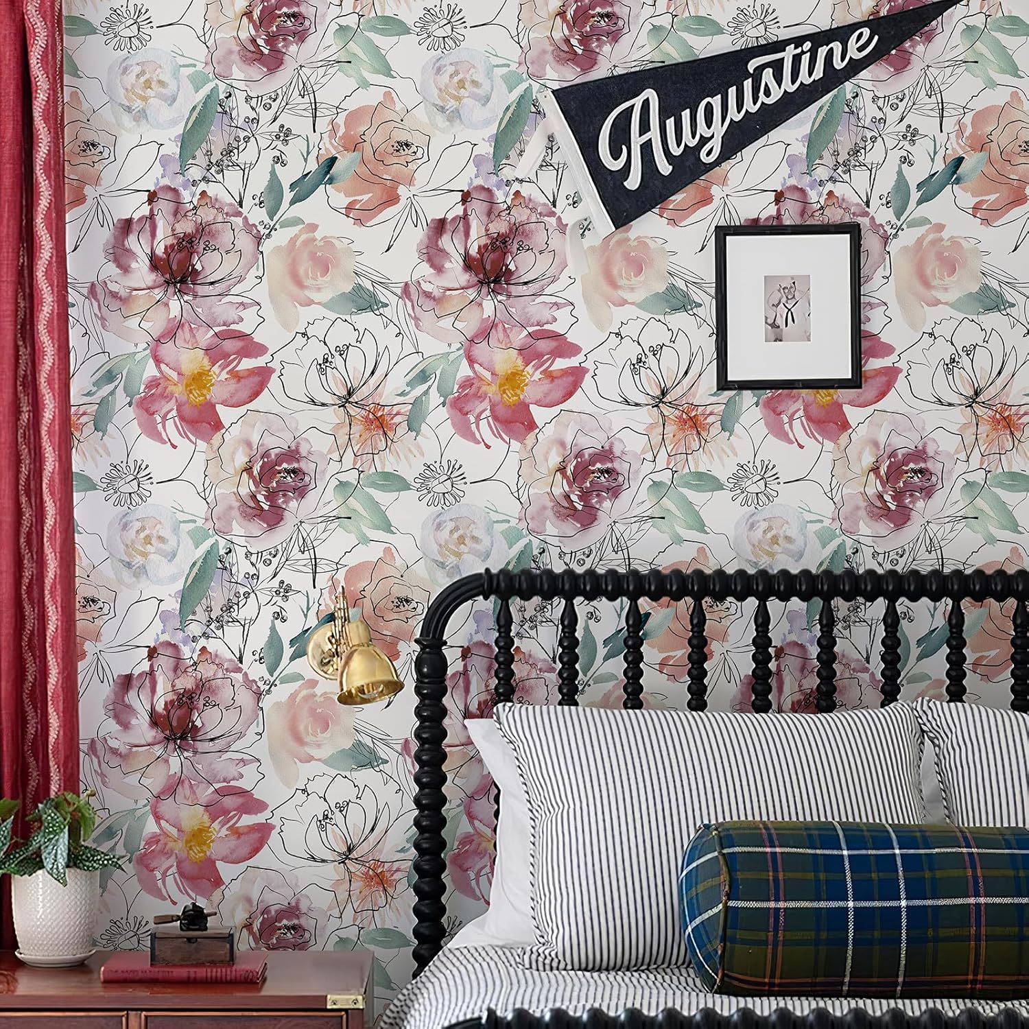 JiffDiff Floral Peel and Stick Wallpaper Pink Peony Wall Paper Nursery Watercolor Self Adhesive Wall Mural Stick on Paper(17.3"x 118")