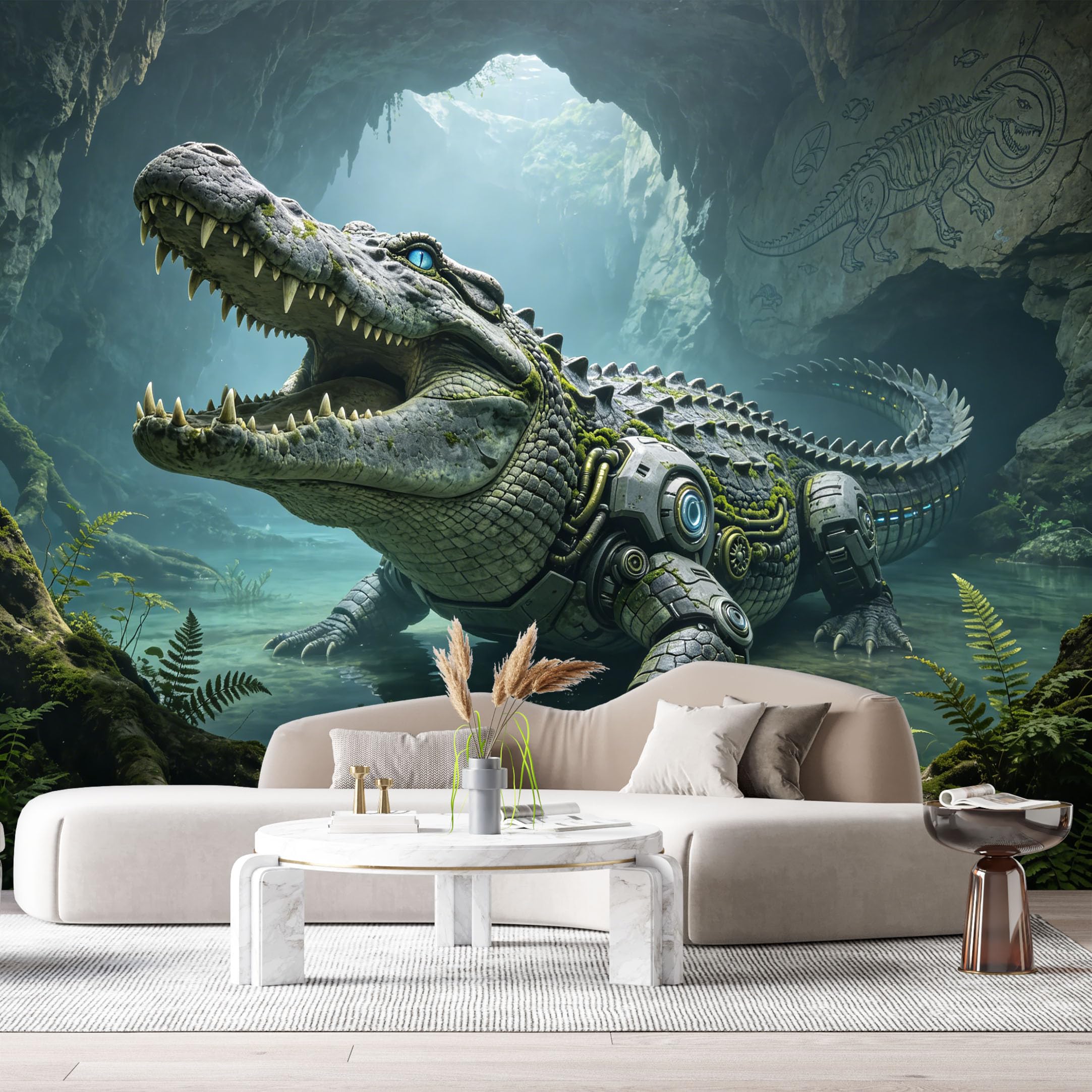 Custom Size Wall Mural Mechanical Crocodile SciFi Armor Reptile Cave 3D Futuristic Style SelfAdhesive Art Prints Removable Large Wallpaper Esports Room Game Room Tenant Room Studio