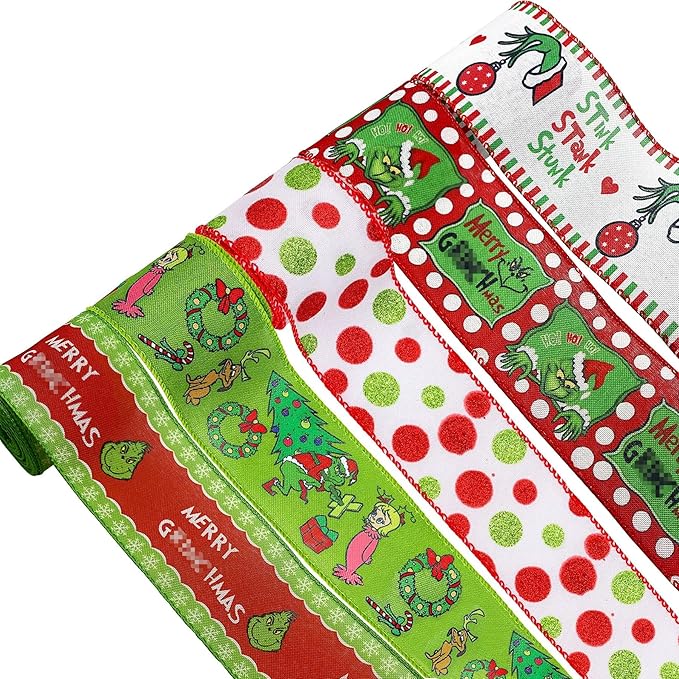 5 Rolls Christmas Wired Edge Ribbons 2.5 Inch Wide 30 Yards Wave Point Ribbon for DIY Christmas Wreaths Bows Wrapping Present Crafts Decoration