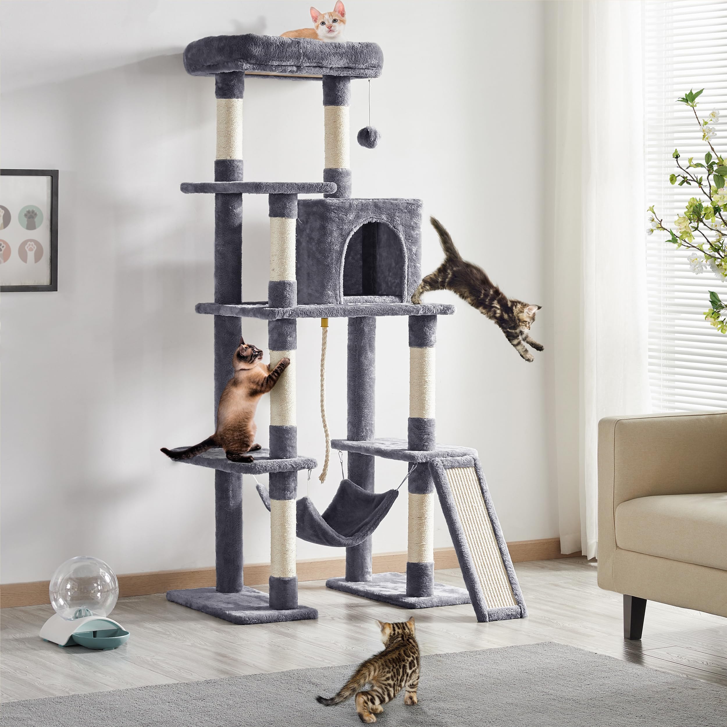 Yaheetech Árbol rascador para Gatos Grandes Torre de Gatos de Altura 159 cm con Múltiples Plataformas Cueva Tela de Felpa Condominio Perchero Hamaca Gris Oscuro
