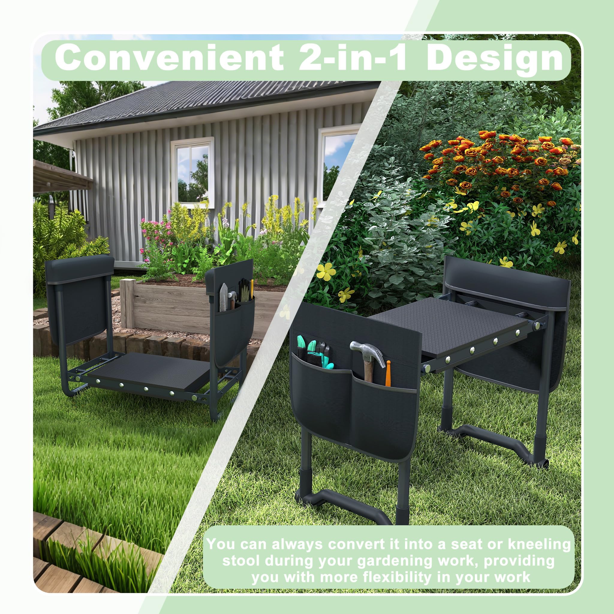 NAIZY Banc de jardin pliable - 59 x 28 x 49 cm - Avec coussin en mousse EVA et sac à outils - Charge maximale : 150 kg - Anthracite
