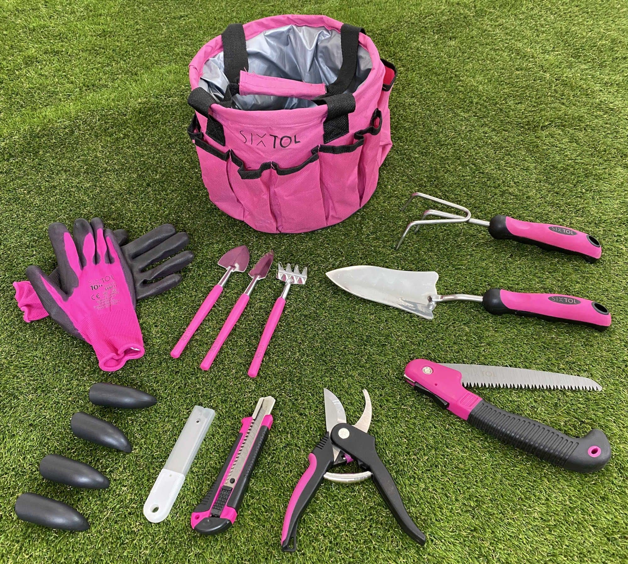 Garden PINK - Set di 10 attrezzi da giardino, 10 pezzi, accessori da giardino in acciaio inox, pratica borsa da giardino come regalo per donne, per giardinieri e donne