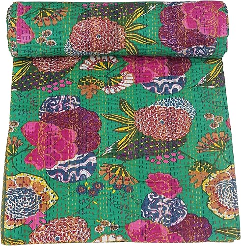 Vista 26 de Marubhumi Colcha Kantha reversible de algodón puro cosido a mano con estampado de frutas indias, edredón Kantha reversible (C verde, Queen