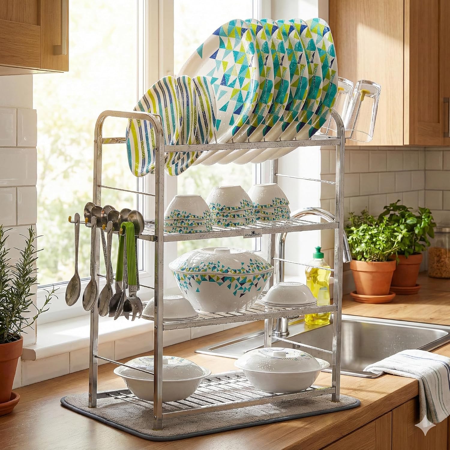 Palomino Stainless Steel 4 Layer Shelf Wall Mount Kitchen Dish Rack | Utensils Rack with Plate & Cutlery Stand | Modular Kitchen Storage Rack | Kitchen Organizer (24 X 18 Inch)