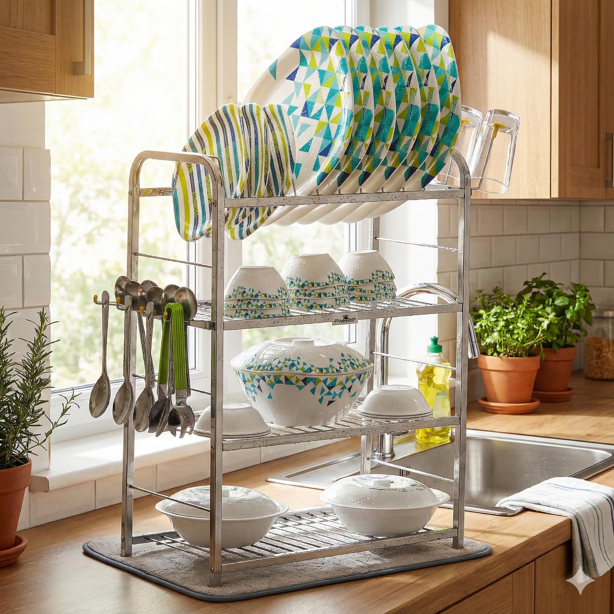 Palomino Stainless Steel 4 Layer Shelf Wall Mount Kitchen Dish Rack | Utensils Rack with Plate & Cutlery Stand | Modular Kitchen Storage Rack | Kitchen Organizer (24 X 18 Inch)