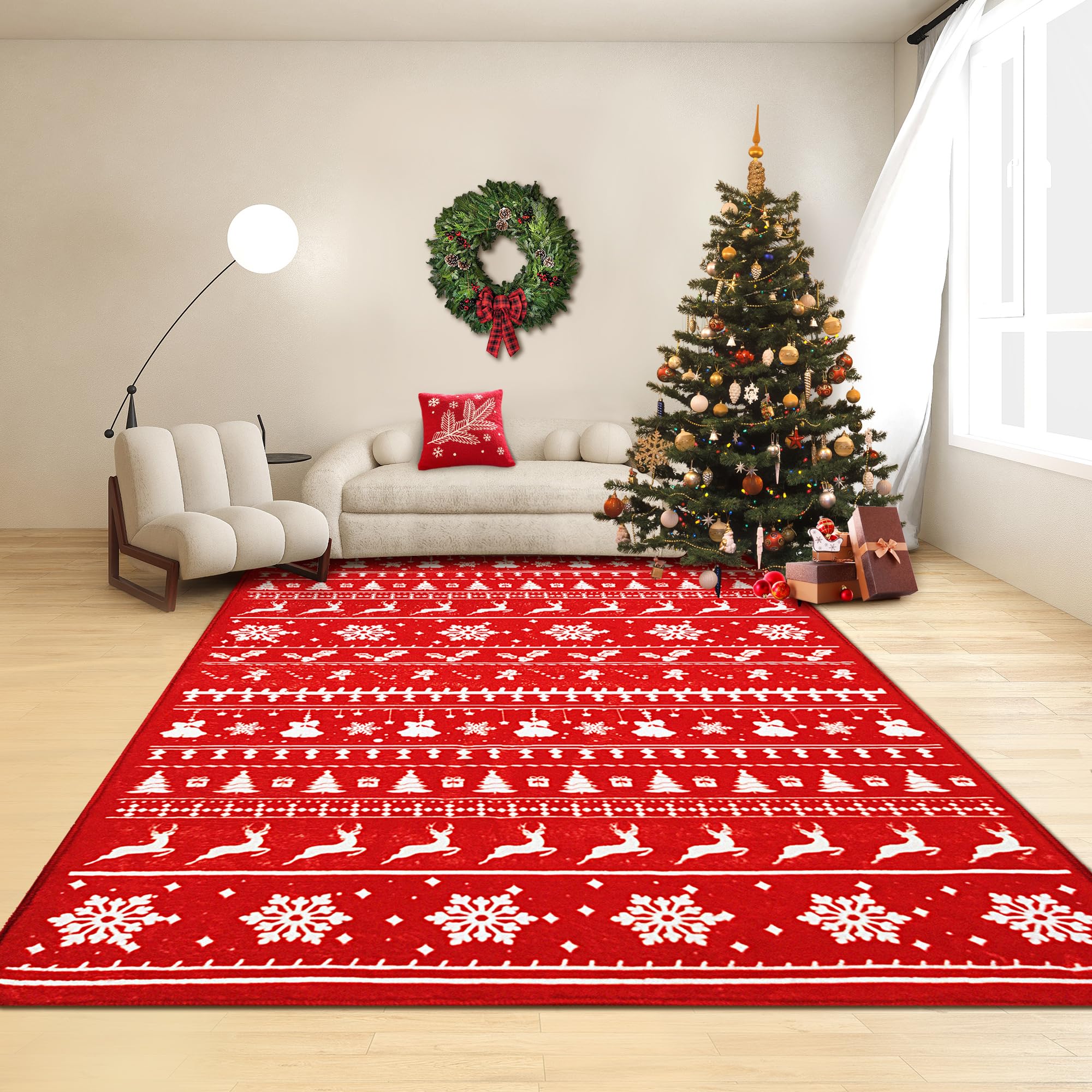 Alfombra de Navidad de 3 x 5 pies, diseño de copos de nieve y árbol de Navidad, alce, de perfil bajo, lavable a máquina, alfombra de interior, decorativa, antideslizante, para sala de estar y