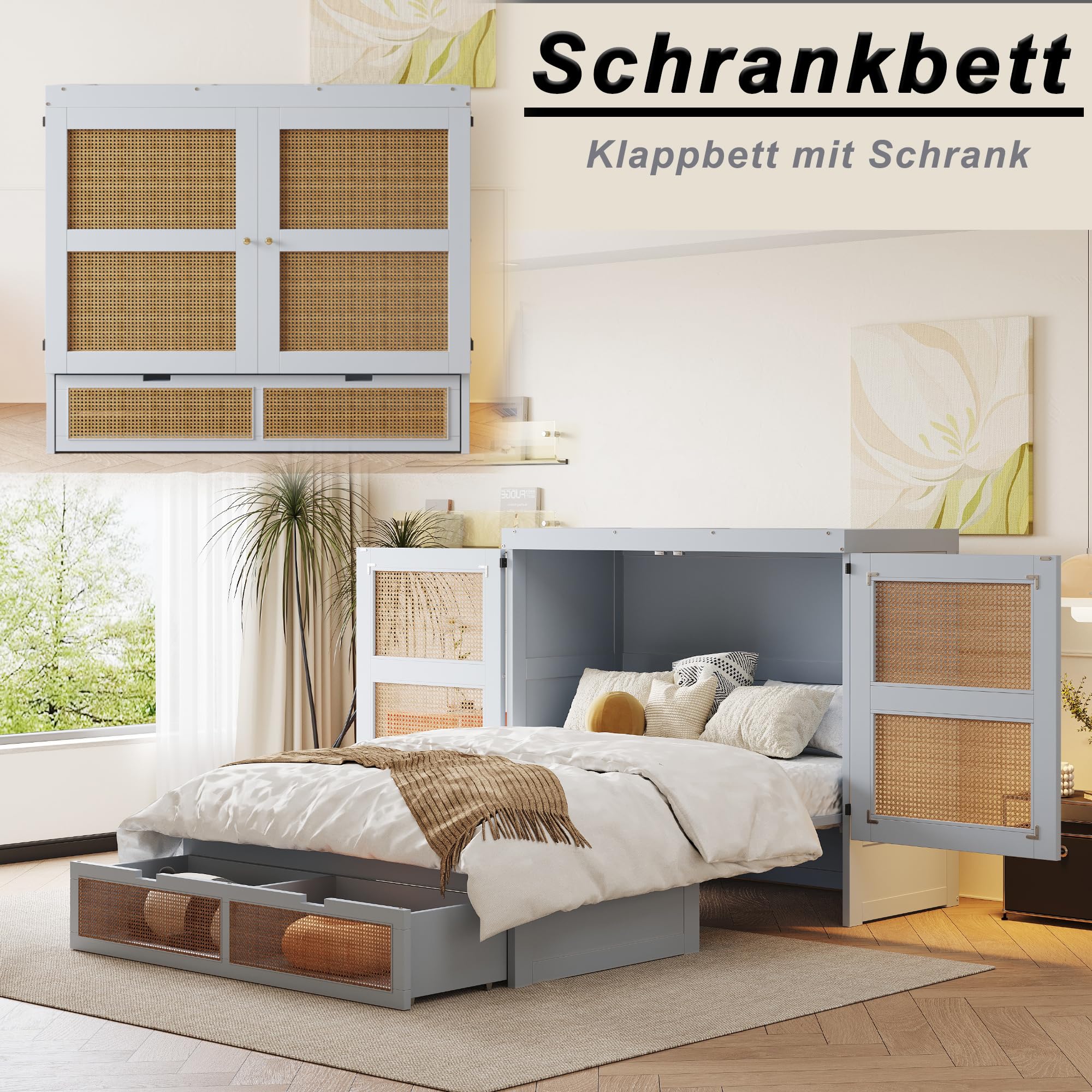 Schrankbett 140x200- Wandbett mit Lattenrost - Schrank mit Klappbett - Wandklappbett - Murphy Bed - Bettschrank, vertikales Schrankbett, Jugendbett, ohne Matratze,Grau
